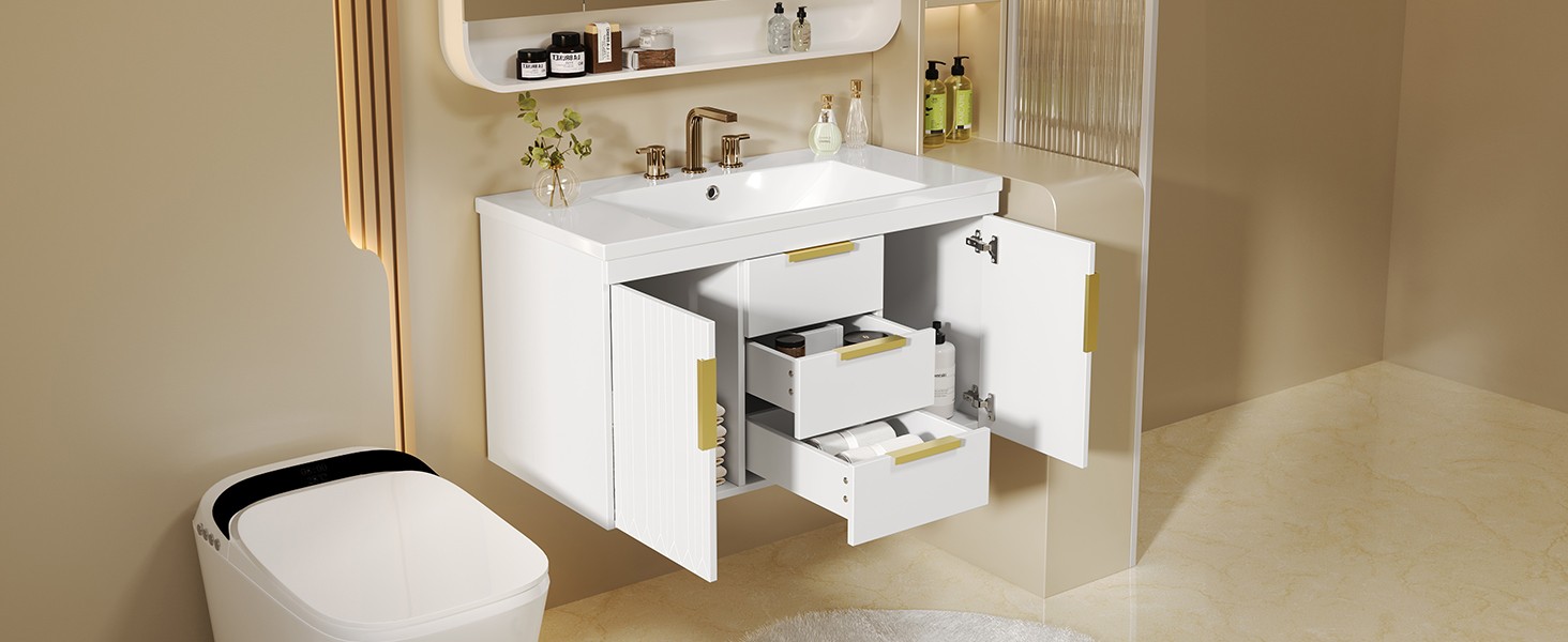 36″ Floating Bathroom Vanity Cabinet with 2 Drawers, Solid Wood, White