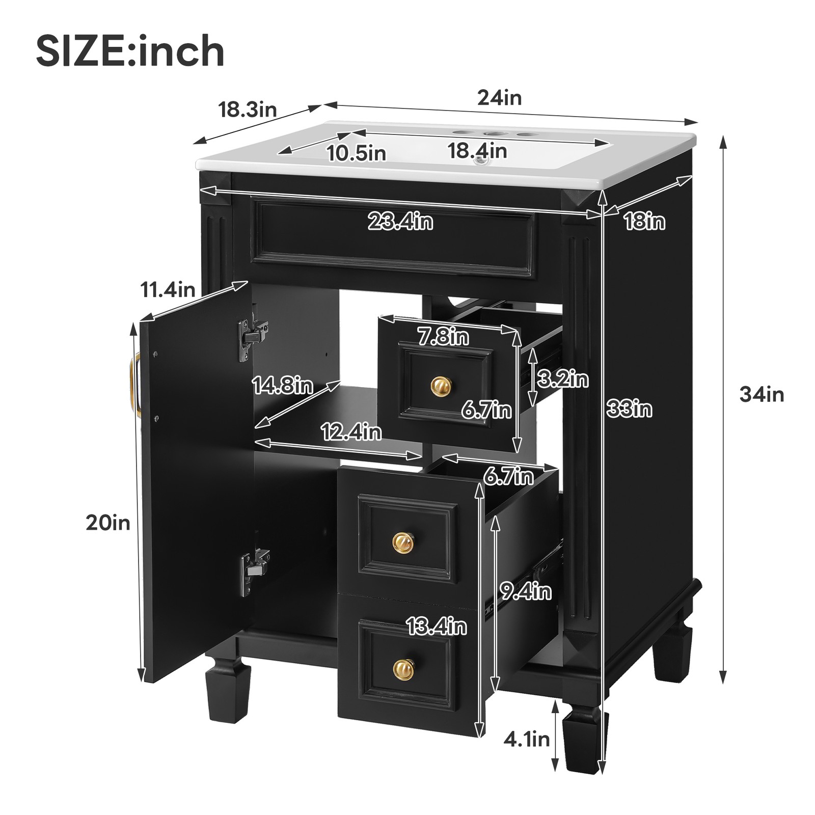 24″ Bathroom Vanity w/Ceramic Sink, Small Bathroom Sink Cabinet with 2 Drawers