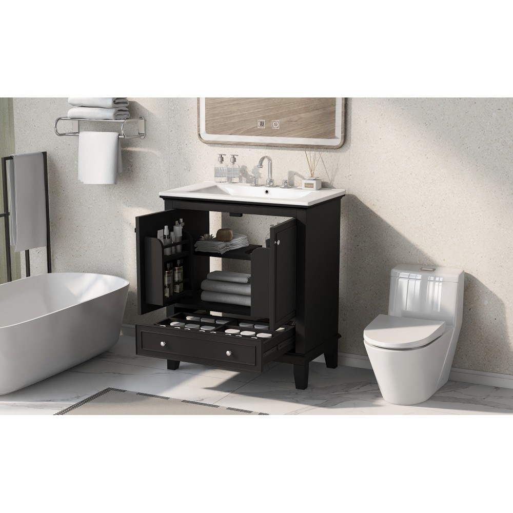 30 Inch Black Bathroom Vanity with Sink Combo Solid Wood MDF Bathroom Cabinet