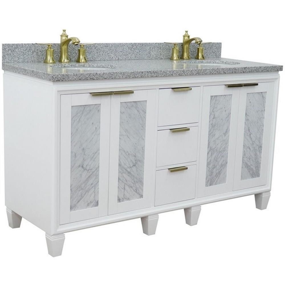 Trento 61″ Double Oval Sink Solid Wood Vanity in White/Gray Granite Stone