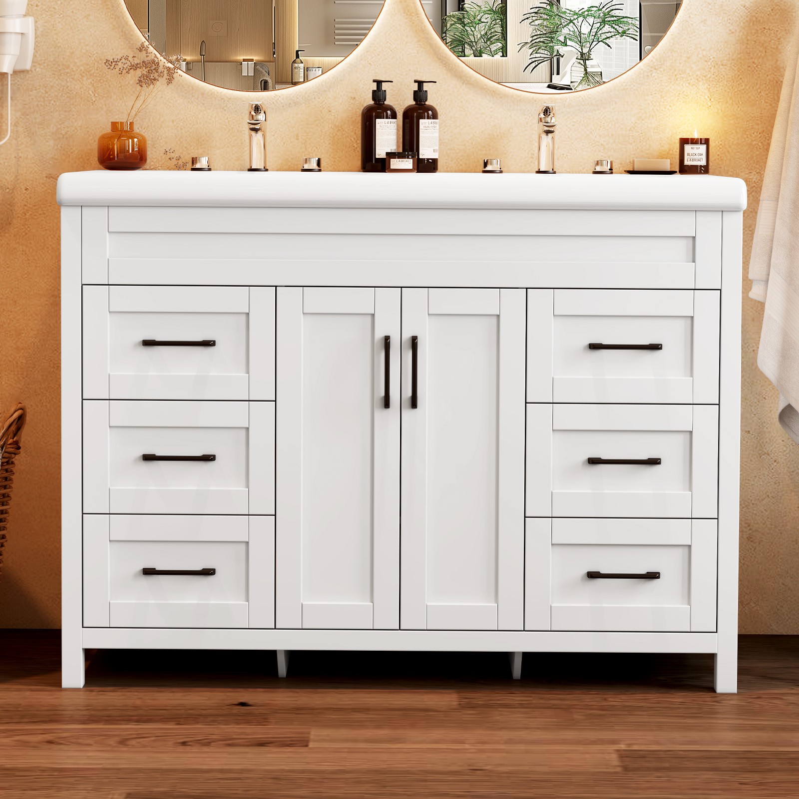 White Bathroom Vanity Double Sink Freestanding Cabinet with Storage Drawers