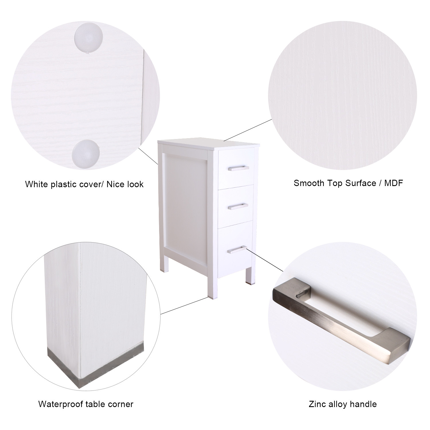 12″ White Bathroom Vanity 3 Drawers Small Beside Cabinet Shelf Modern MDF Wood