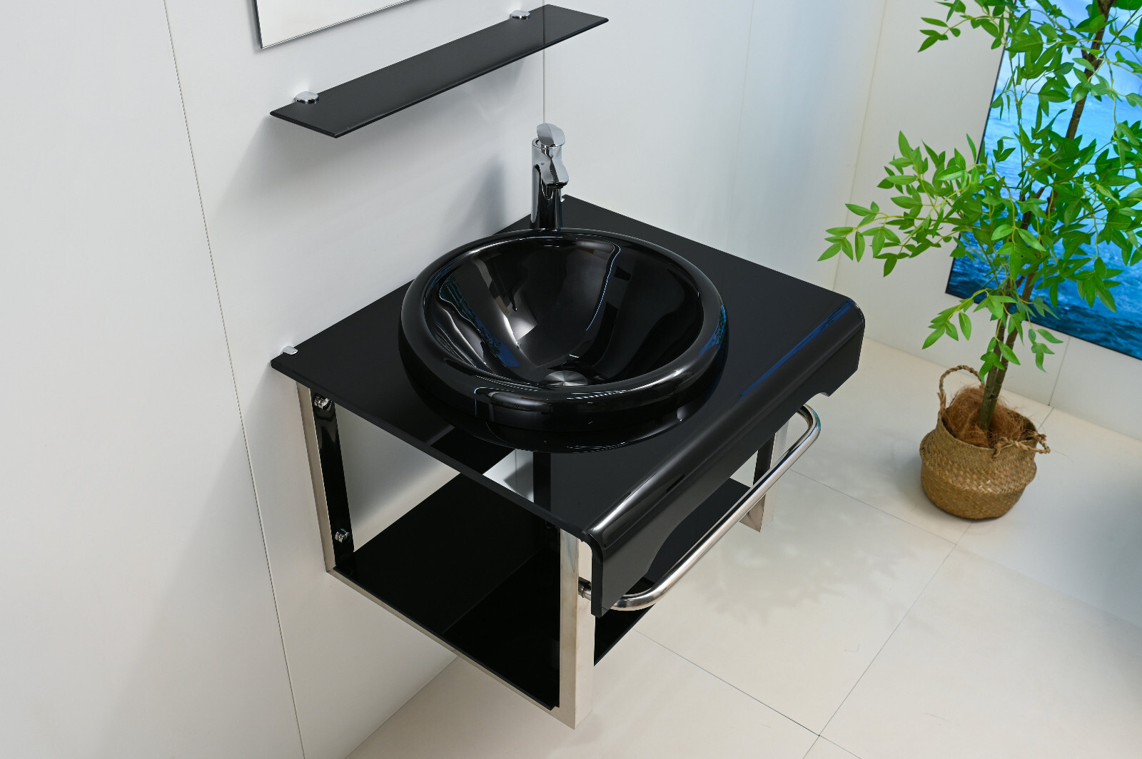24″ Wide Modern Tempered Glass & Stainless-Steel Set include mirror and shelve