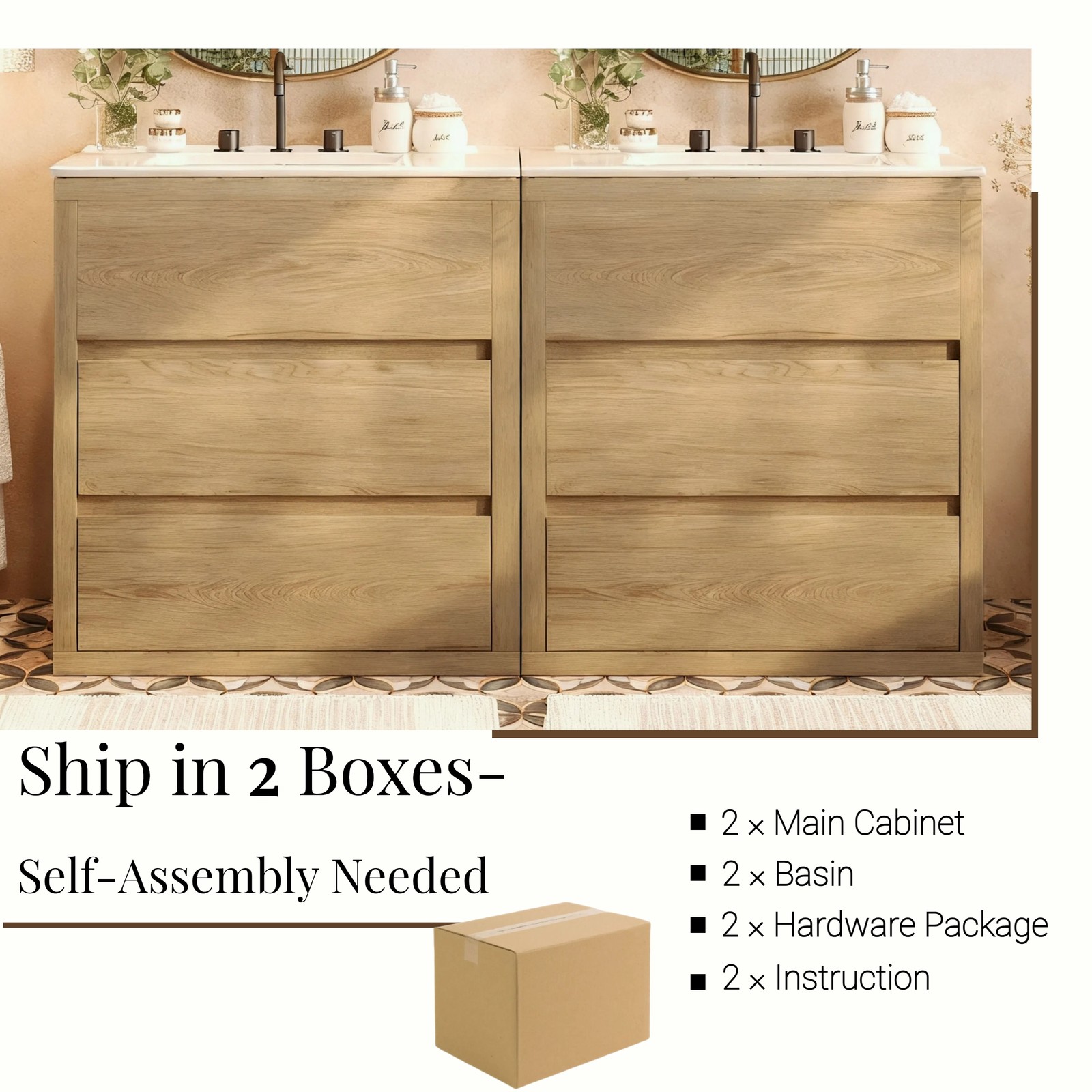 60″ Double Sink Bathroom Vanity Set,Bathroom Cabinet w/2 Separate Ceramic Sinks