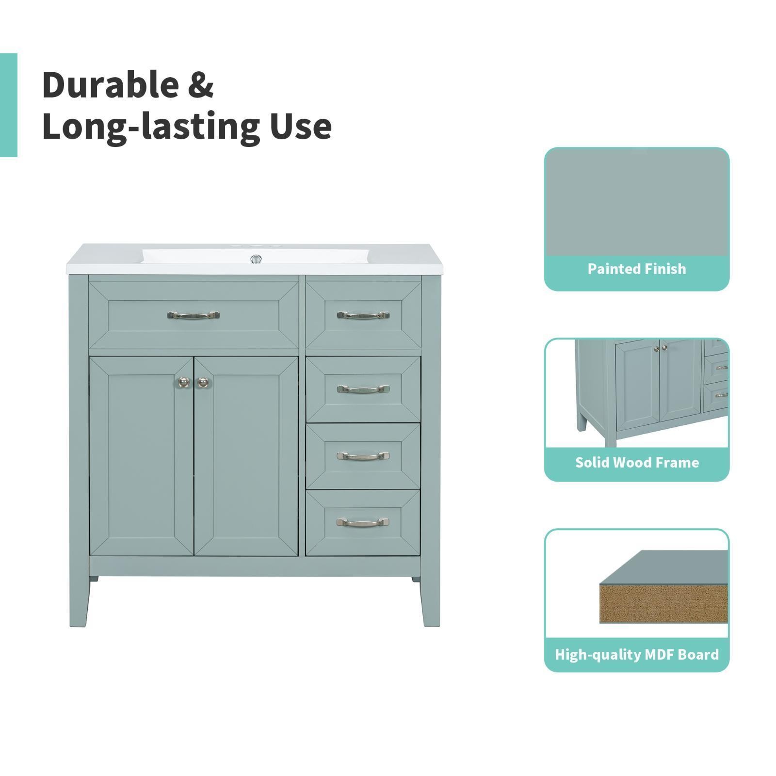 Stylish 36-Inch Green Bathroom Vanity with Ceramic Sink, Solid Wood Frame,