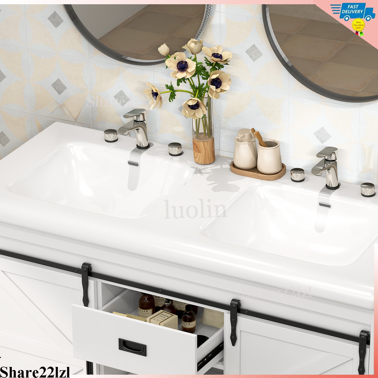 47 inch Double Sink Bathroom Vanity Cabinet Ceramic Vessel Sink w/ Sliding Doors