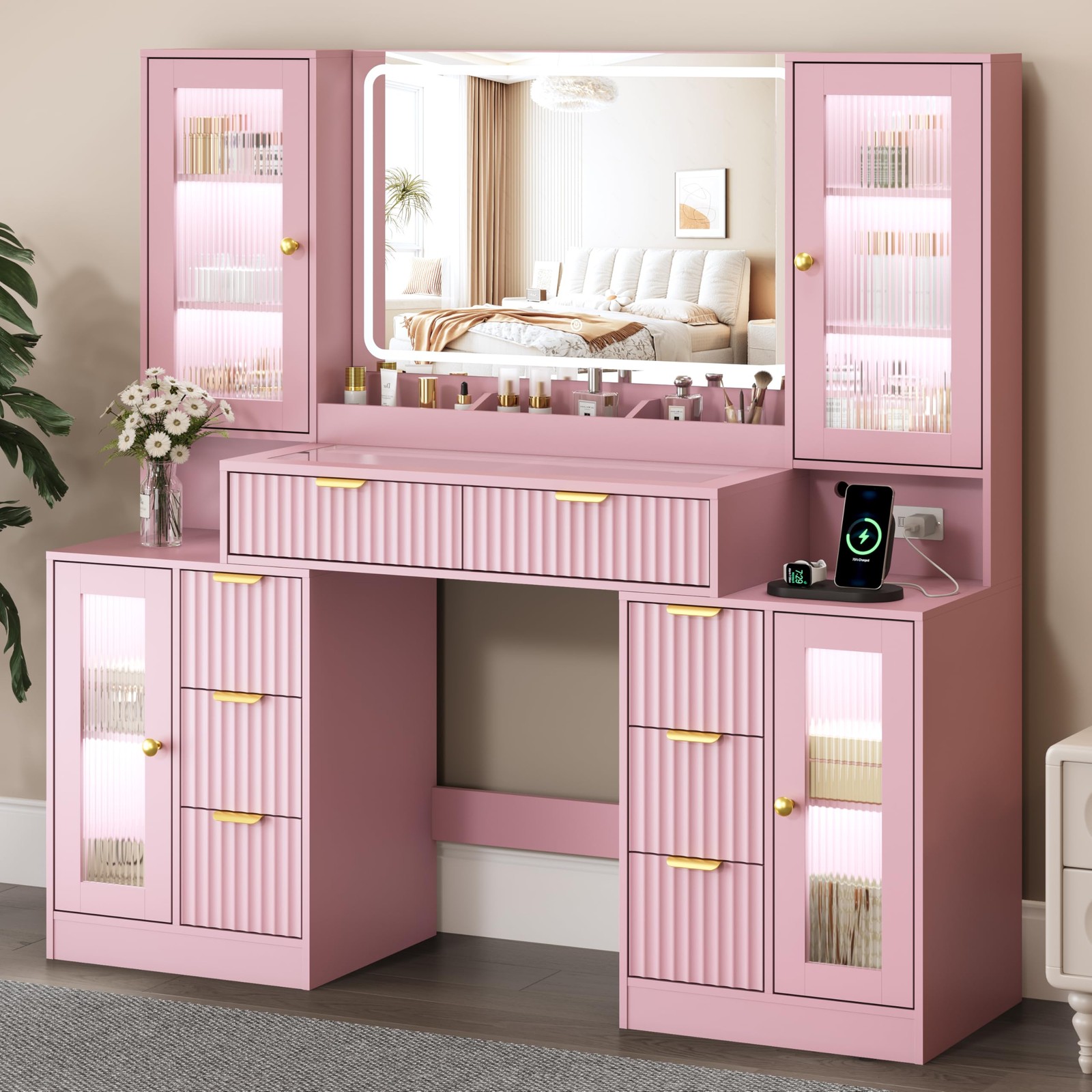 55in Fluted Vanity Desk w/ Mirror Lights 8 Drawers RGB Dimmable Charging Station