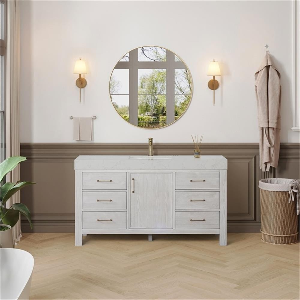 Leon 60″ Single Bathroom Vanity in Washed White w/Lightning White top & Mirror