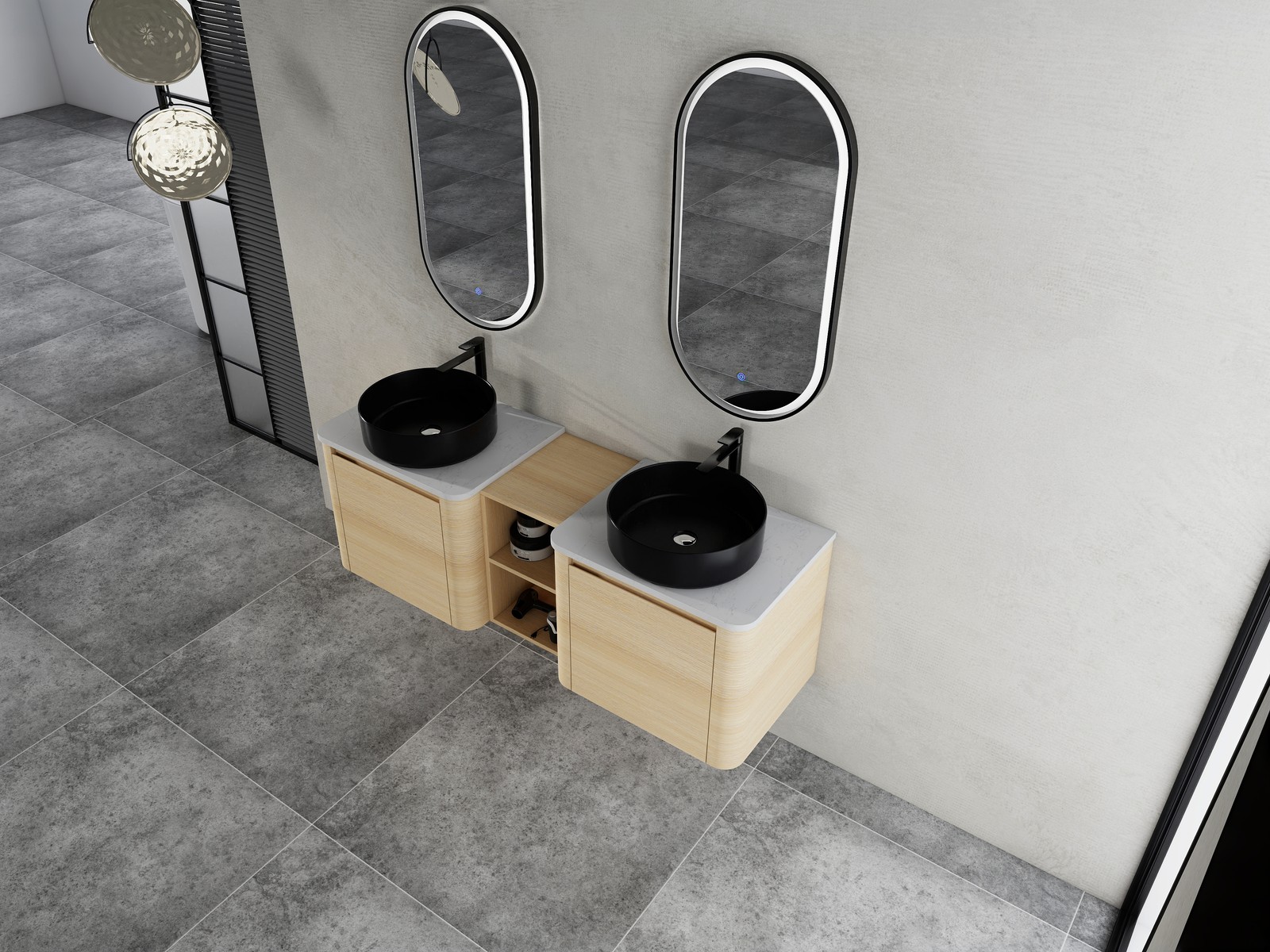 60 in Floating Bathroom Vanity Cabinet 2x Black Ceramic Sink Basin +Open Shelves