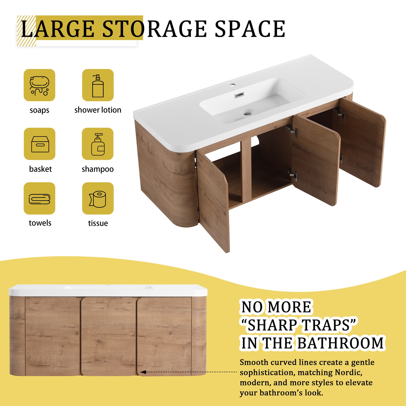 48″ Plywood Floating Wall-Mounted Bathroom Vanity Resin Sink 3 Soft-Close Doors
