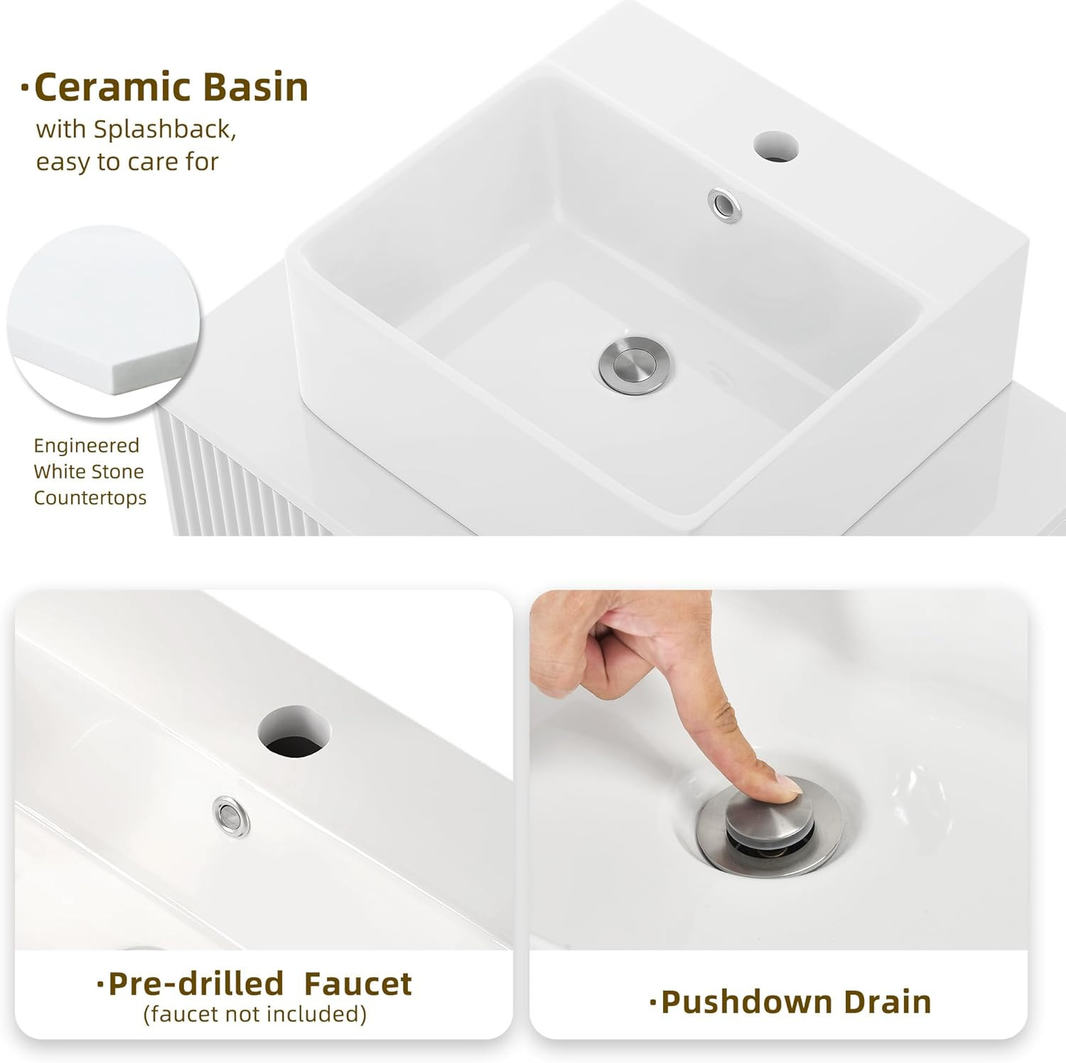 30″ Modern Bathroom Vanity with Ceramic Sink & Gold Handles, Soft Close Doors