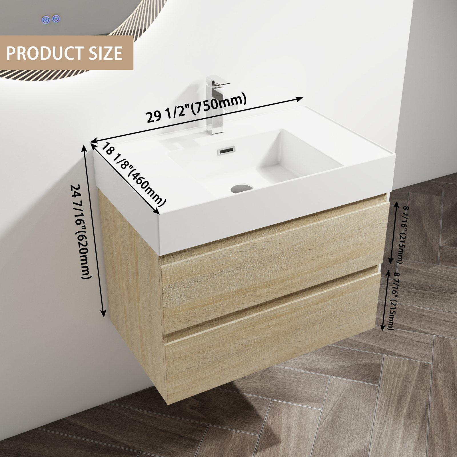 30″ Wood Wall-Mounted Bathroom Vanity Cabinet W/ Resin Sink 2 Drawers Light Oak