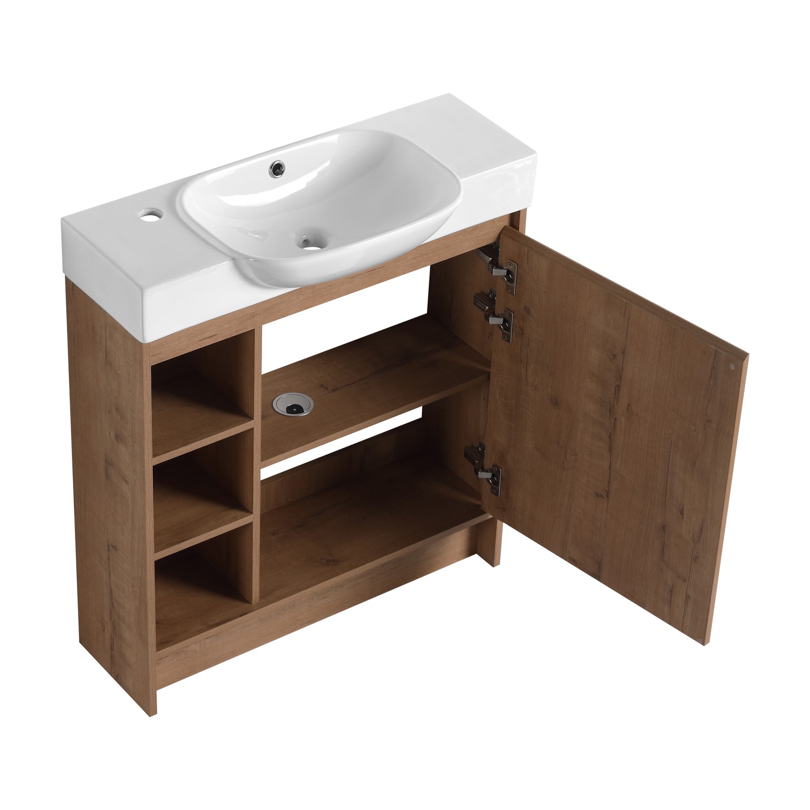30inch Plywood Freestanding Bathroom Vanity Cabinet With Ceramic Sink Basin Oak