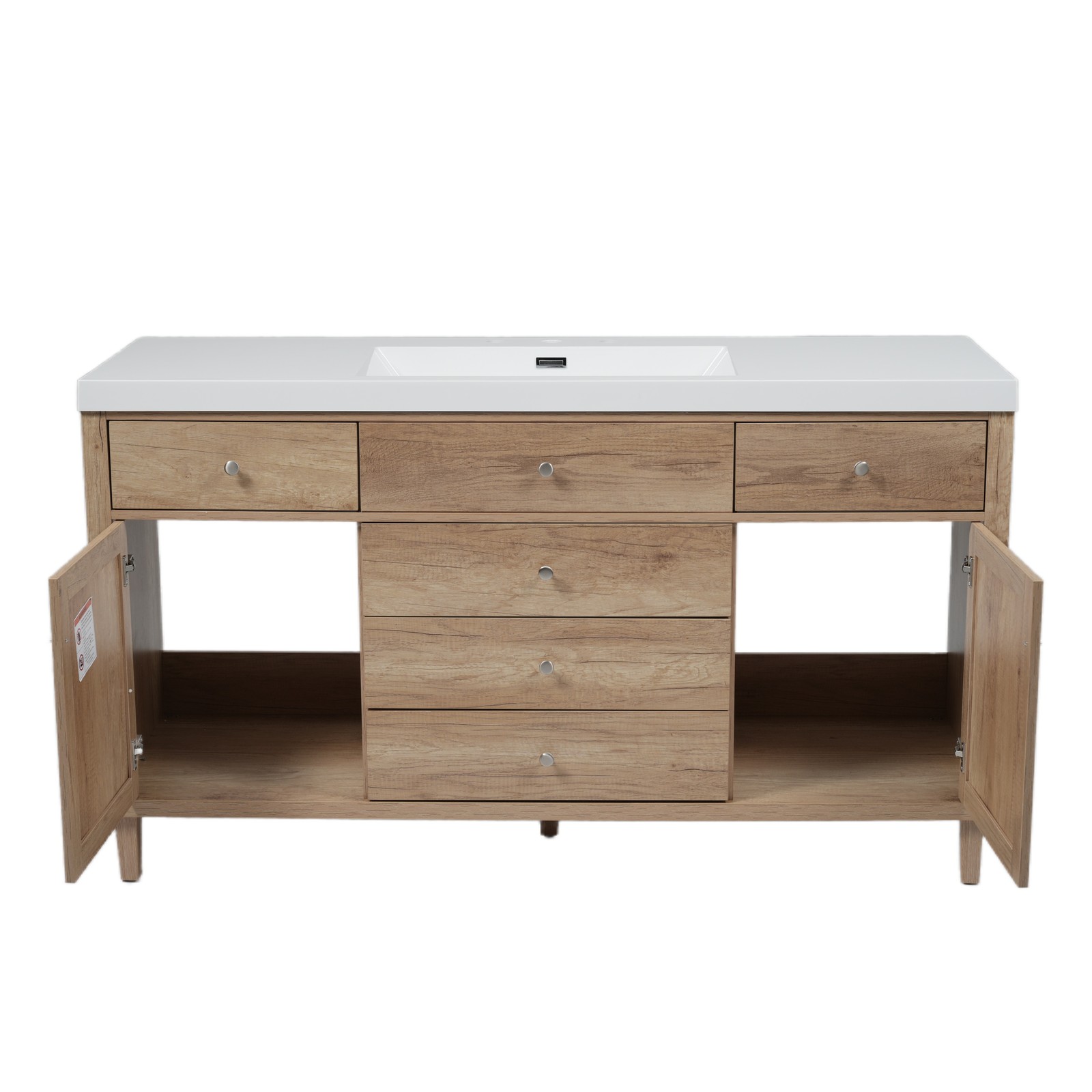 60″ Wooden Bathroom Vanity Cabinet with SMC Sink Storage Drawers Rattan Doors