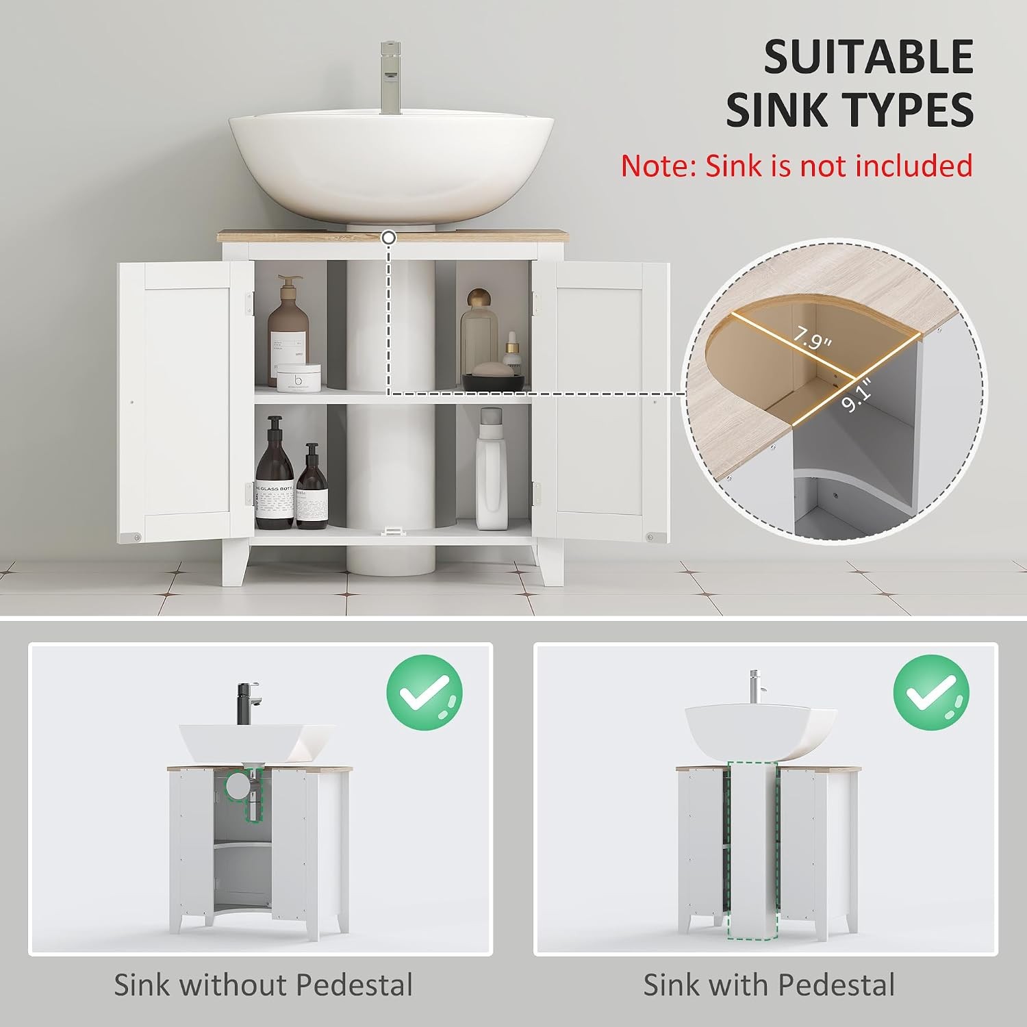Pedestal Sink Storage Cabinet Under Sink Cabinet W/ U-Shape & Adjustable