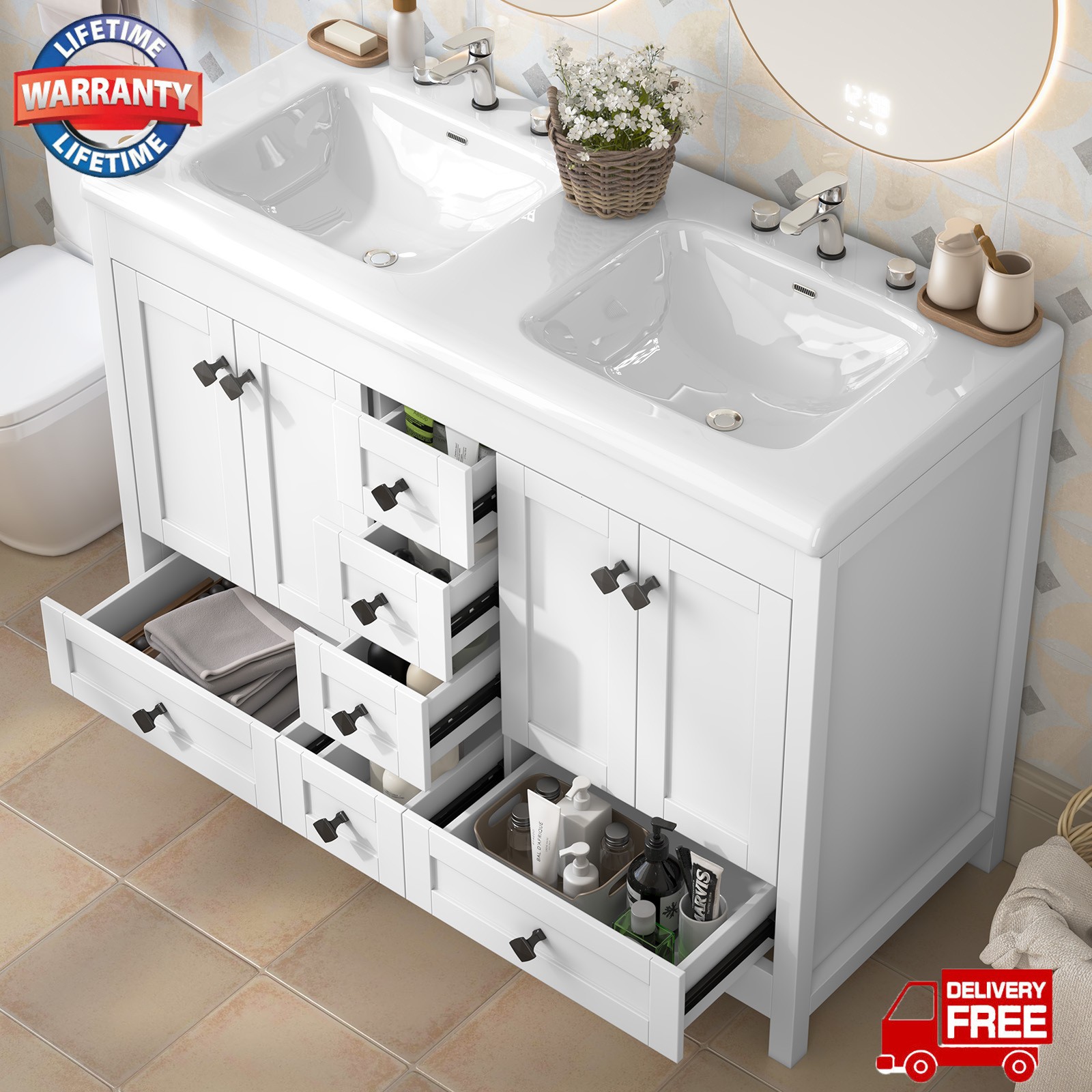 46″ Bathroom Vanity with Ceramic Sink Freestanding Storage Cabinet w/ 5 Drawers