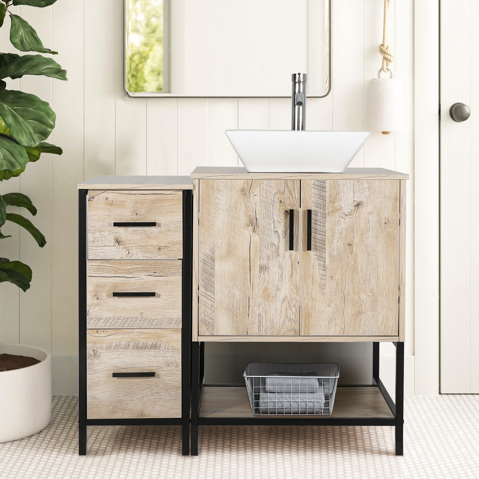36″ Bathroom Vanity Sink Combo Oak Cabinet Vanity Tempered Glass/Ceramic Sink