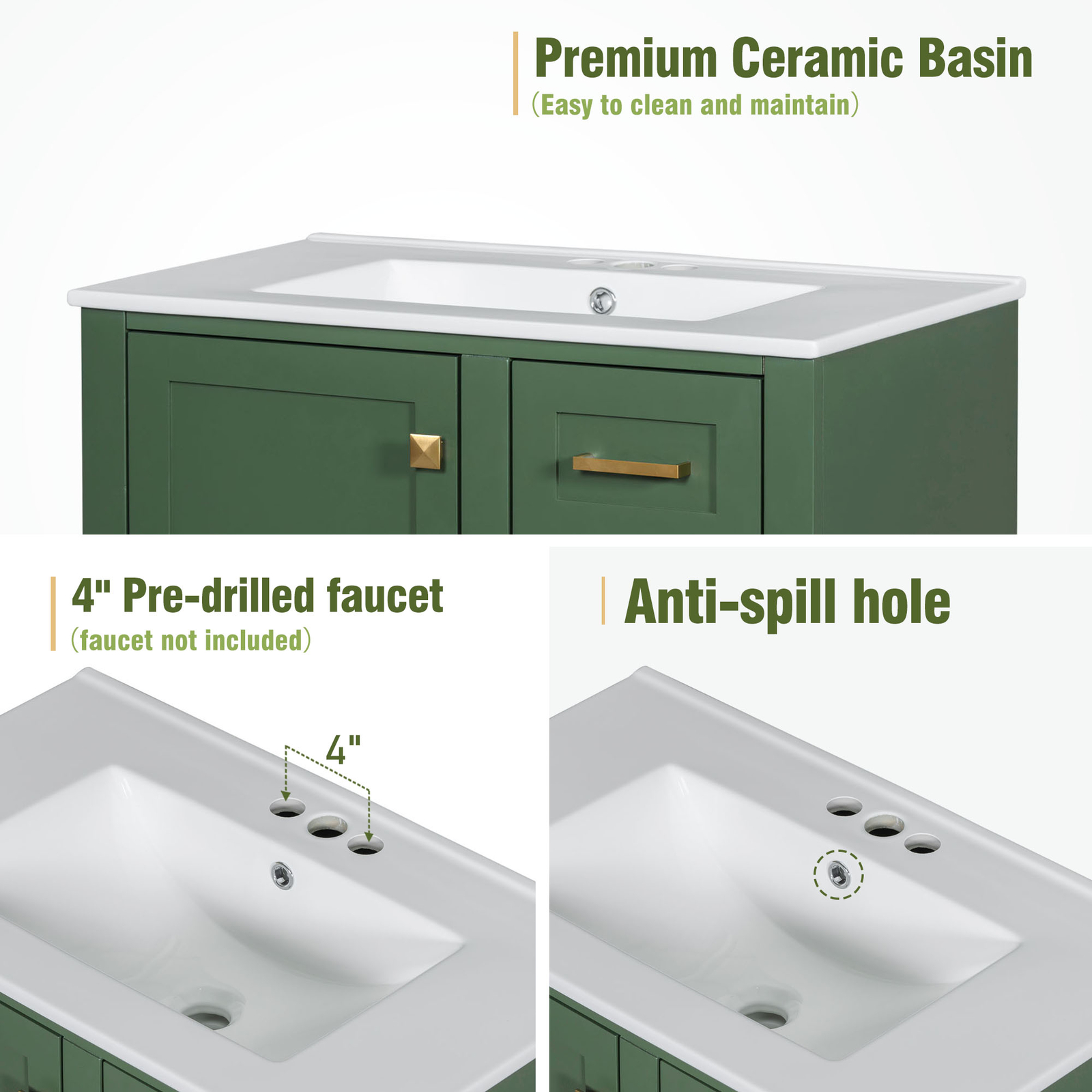 30″ Solid Wood Bathroom Vanity Cabinet with Resin Sink Top, 1 Door and 3 Drawers