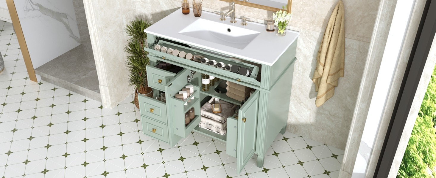 36 Inch Bathroom Vanity with Sink, Green Solid Wood Cabinet, Gold Handles