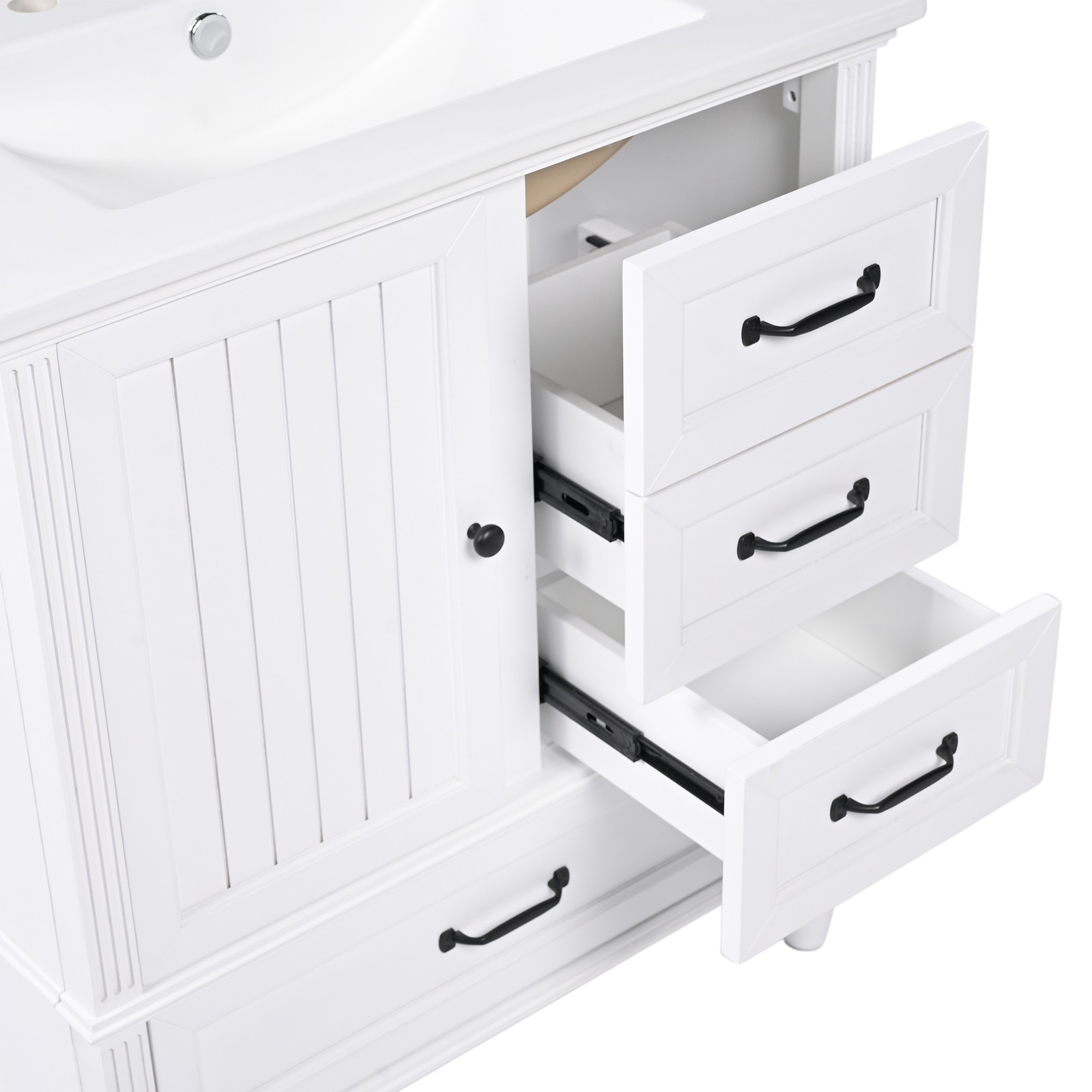 30″ Bathroom Vanity with Sink, Bathroom Cabinet with A Door, Three Drawers White