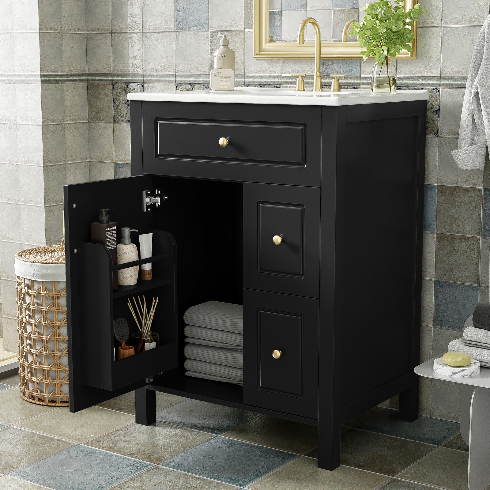 24″ Bathroom Vanity W/ Ceramic Sink 2 Soft-Close Drawers 1 Door Storage Cabinet