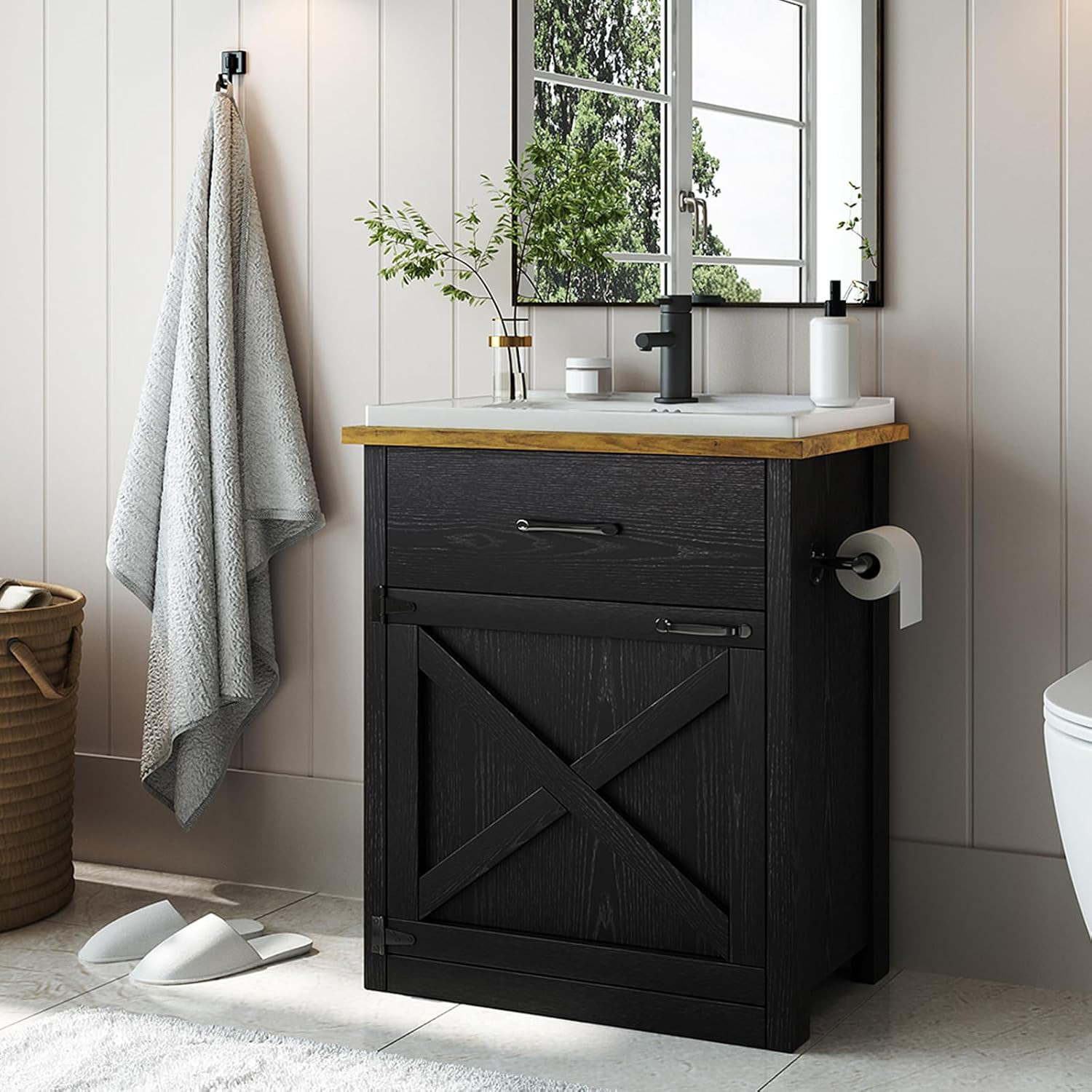 4Ever2Buy 24 Inch Bathroom Vanity with Sink, Farmhouse Bathroom Vanity Cabinet w