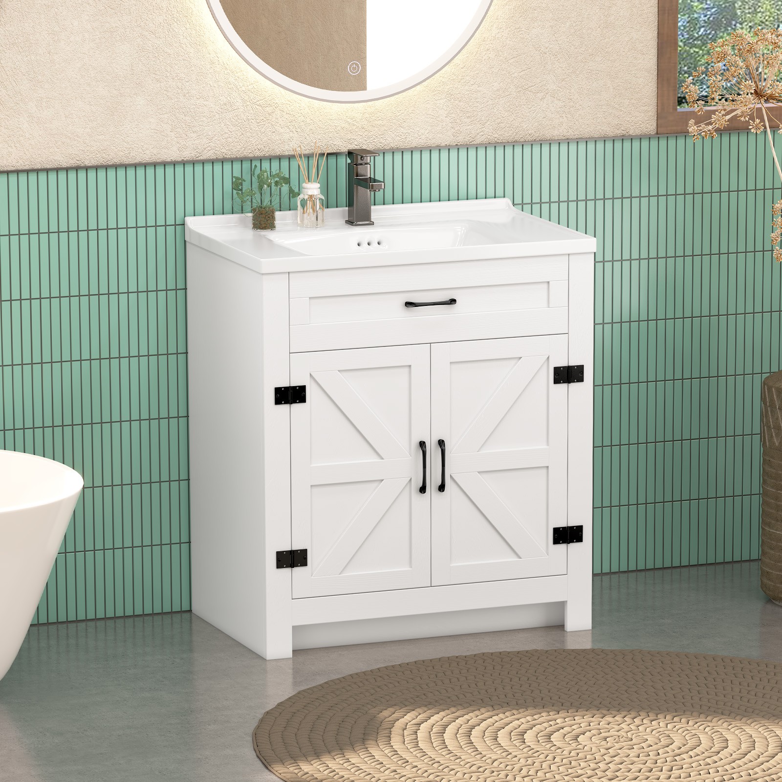 23″ Freestanding Bathroom Vanity Laundry Cabinet w/ Ceramic Sink Combo, White