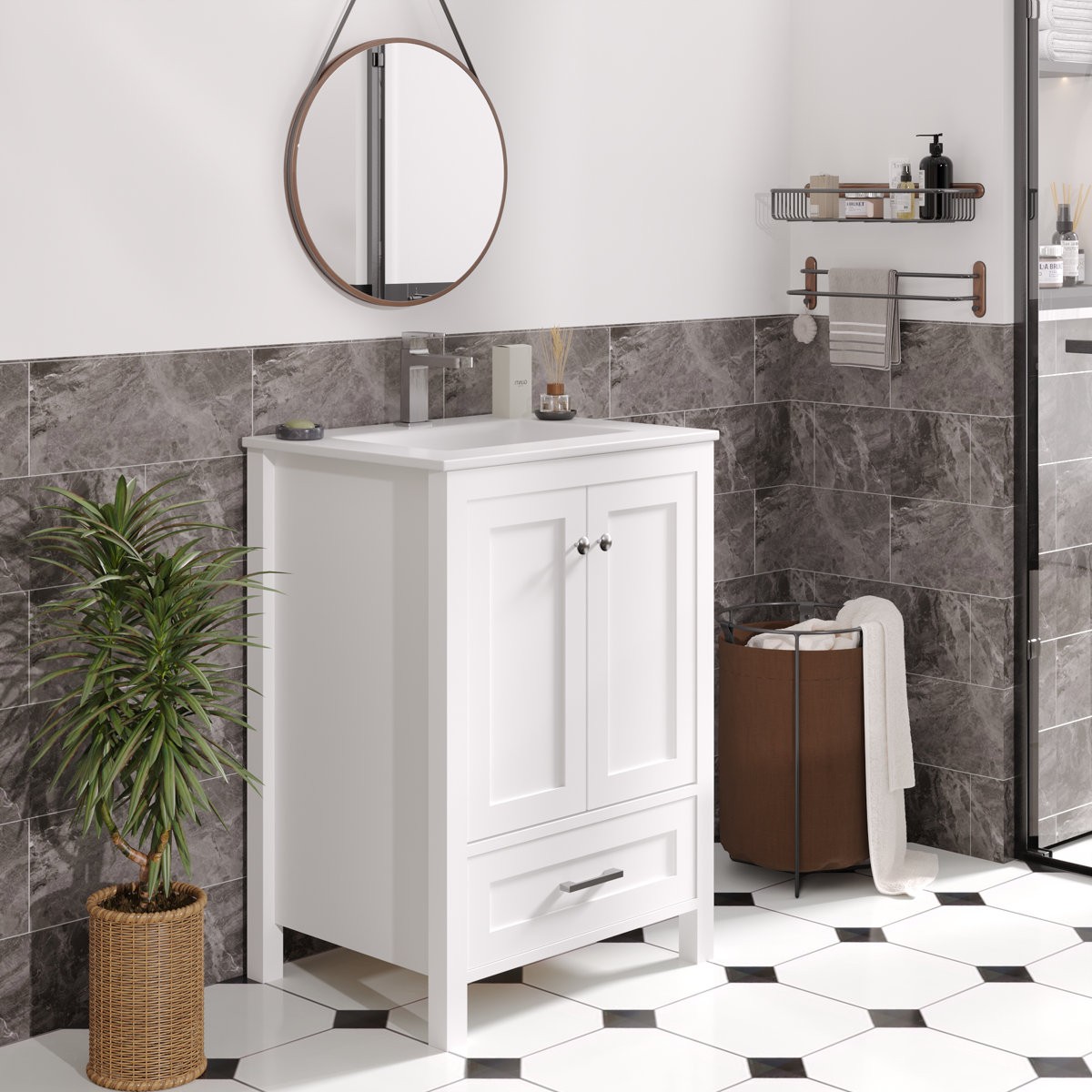 24″ Single Bathroom Vanity with Sink Ceramic Top Modern White Cabinet Drawers
