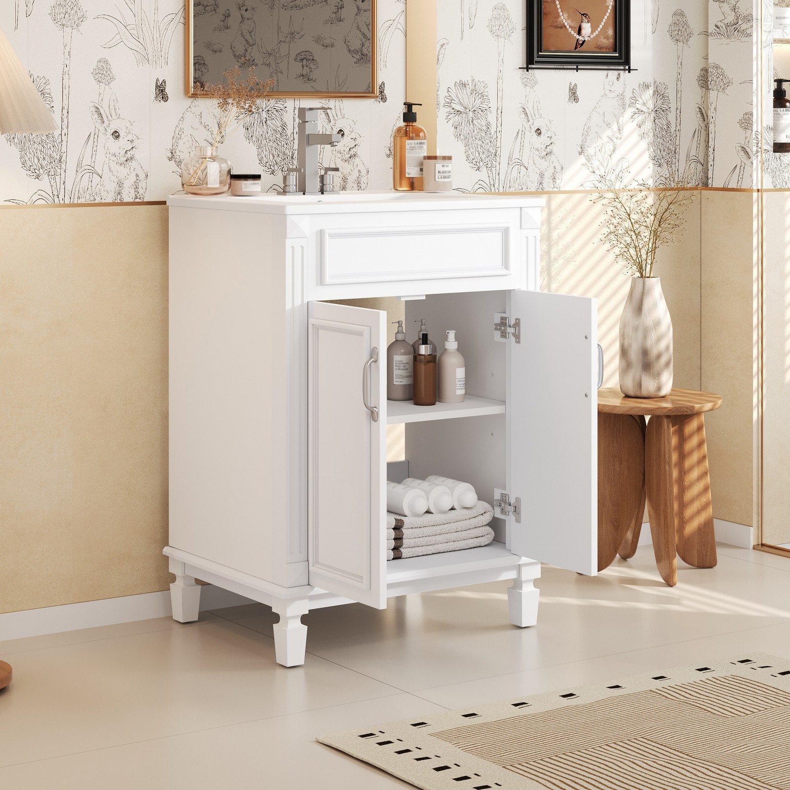 24 inch White Modern Bathroom Vanity with Sink, 2 Soft-Close Doors
