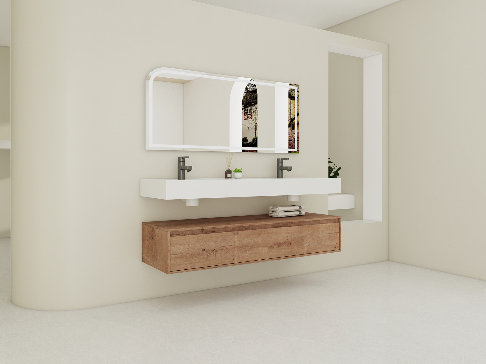 60″ Wood Floating Wall Mounted Bathroom Vanity with Double Resin Sink +3Drawers