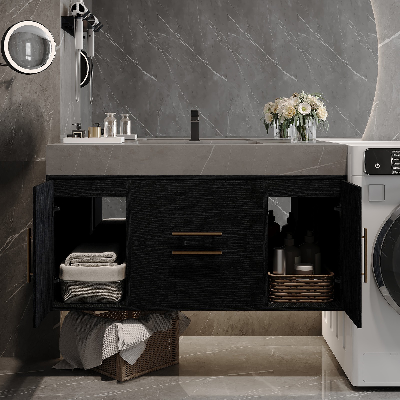 Floating Bathroom Vanity w/Faux Marble Top,Ceramic Sink, Wood Storage Cabinets