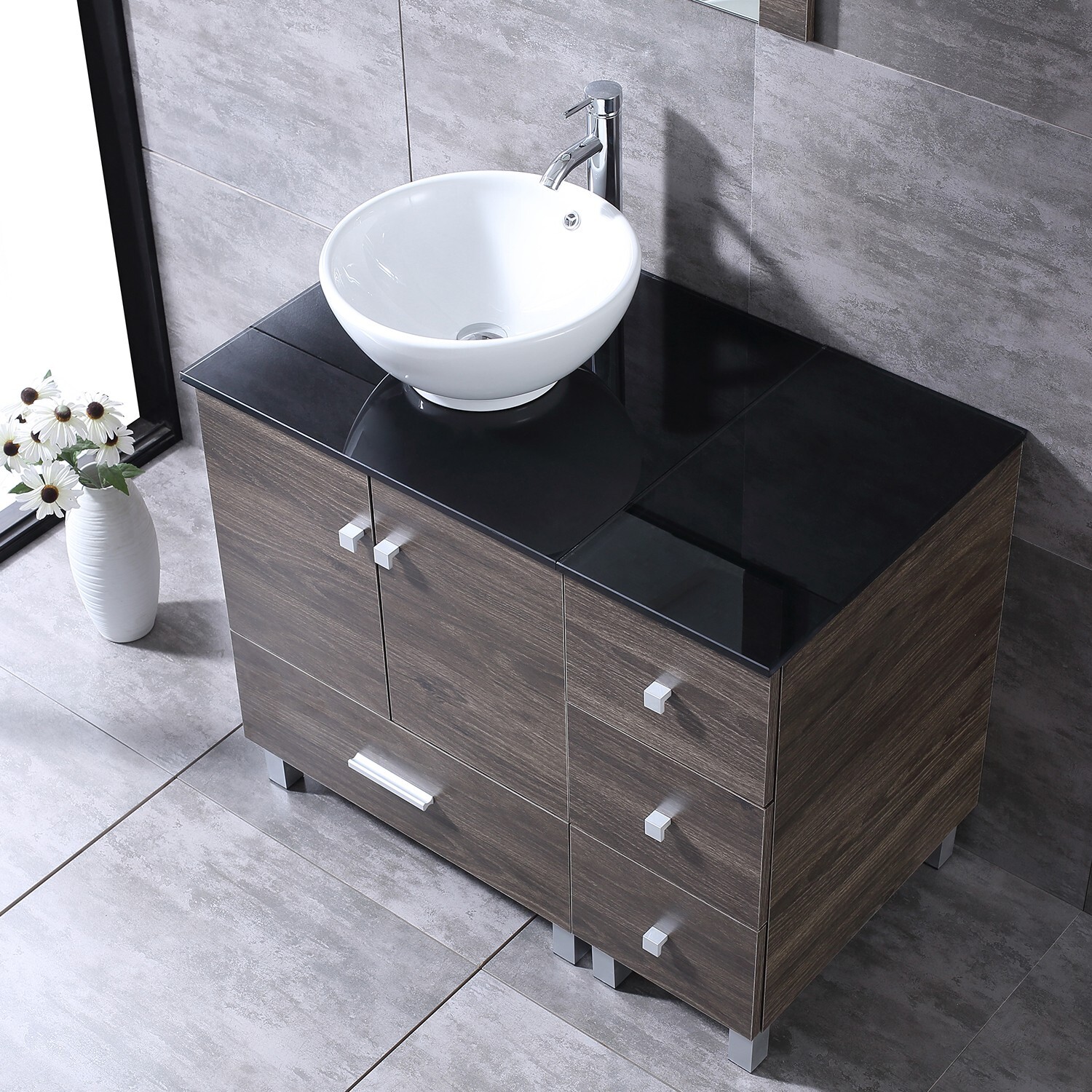 Bathroom Vanity with Sink 36 Inch Cabinet Ceramic Sink w/Glass Top Set Brown