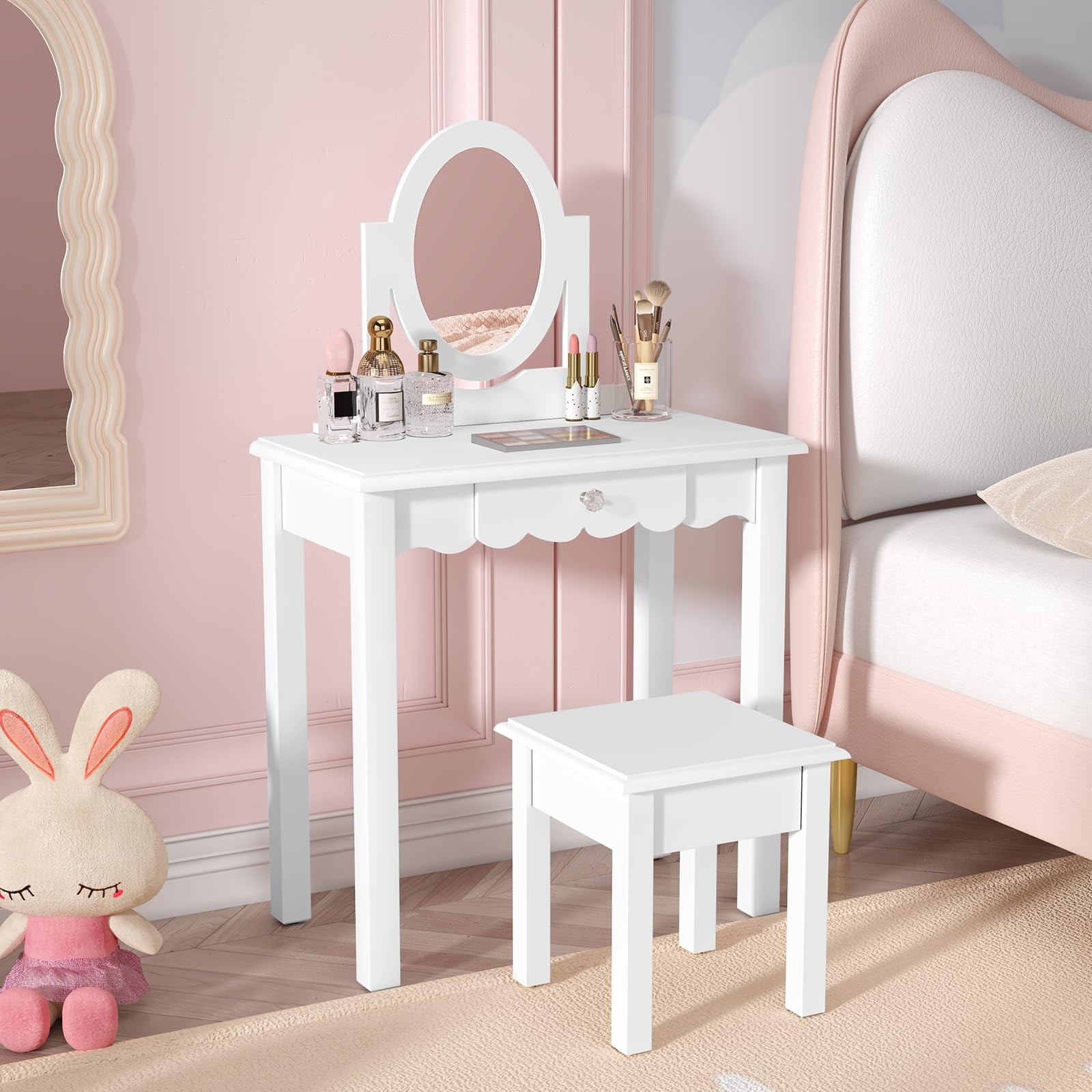 Kids Vanity Set Mirror Stool Wooden Makeup Desk Detachable Top Drawer White