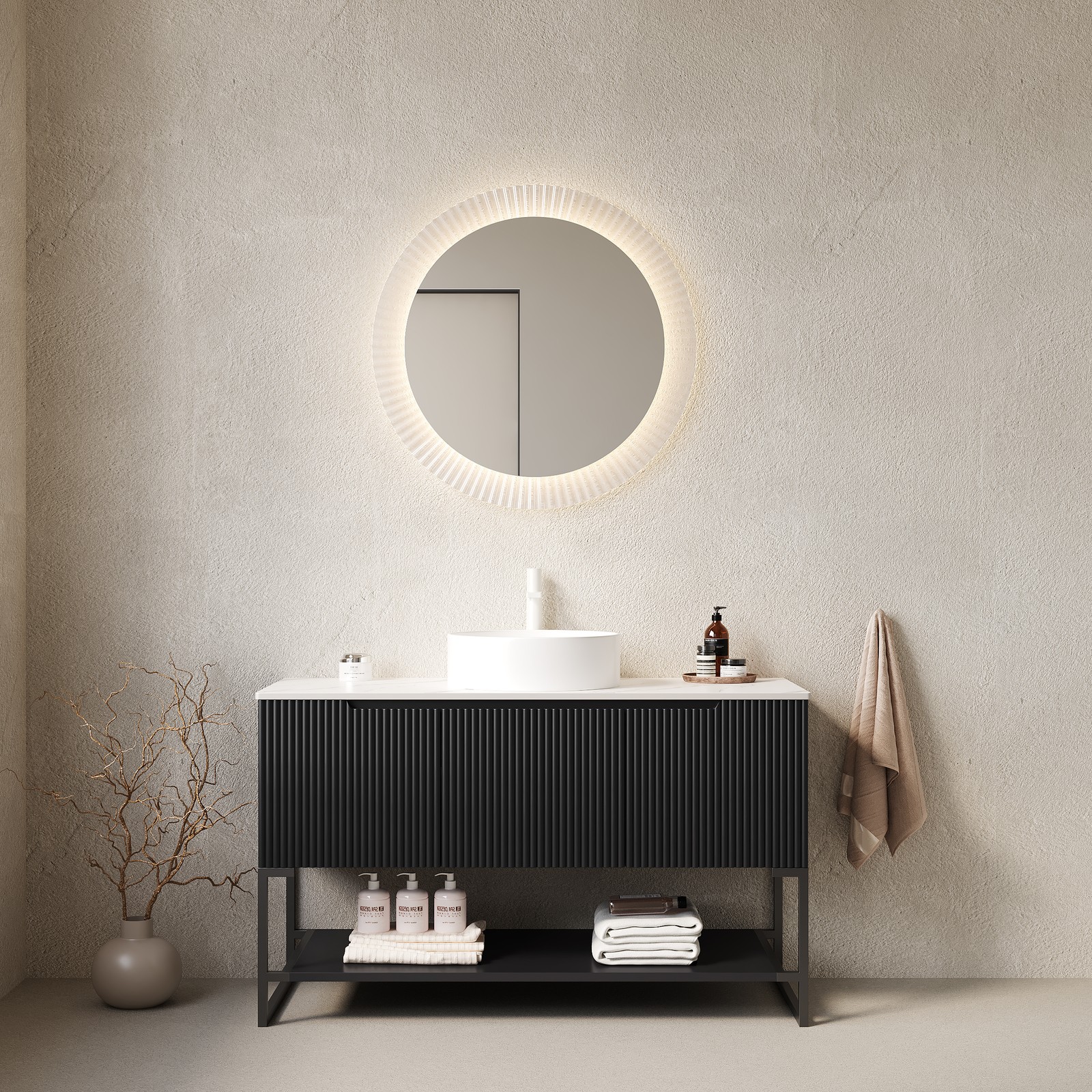 48″ Bathroom Vanity with Sink Vessel Basin Sintered Stone Countertop Black