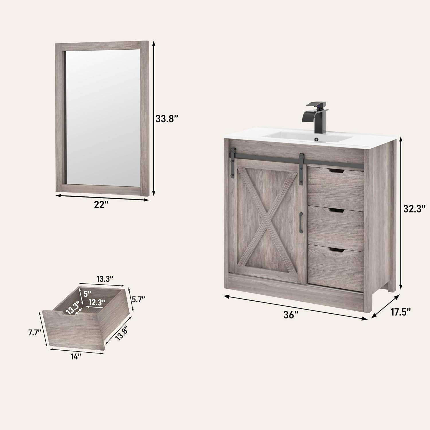 36 Inch Bathroom Vanity with Sink & Faucet & Mirror, Farmhouse Bathroom Vanity C