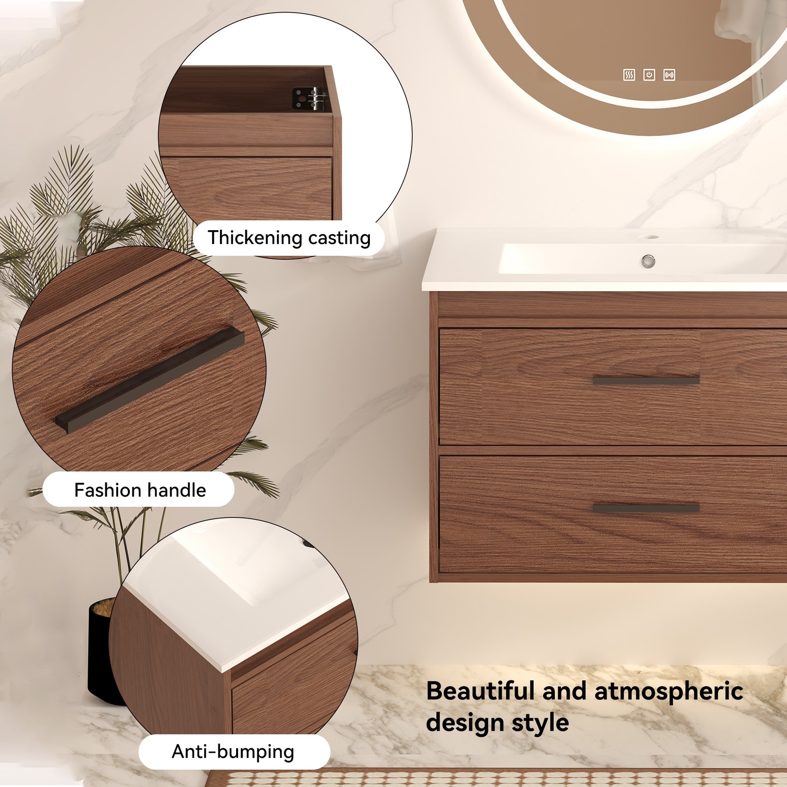 30″ reddish brown Wall Mounting Bathroom Vanity with Soft Close 2 Drawers