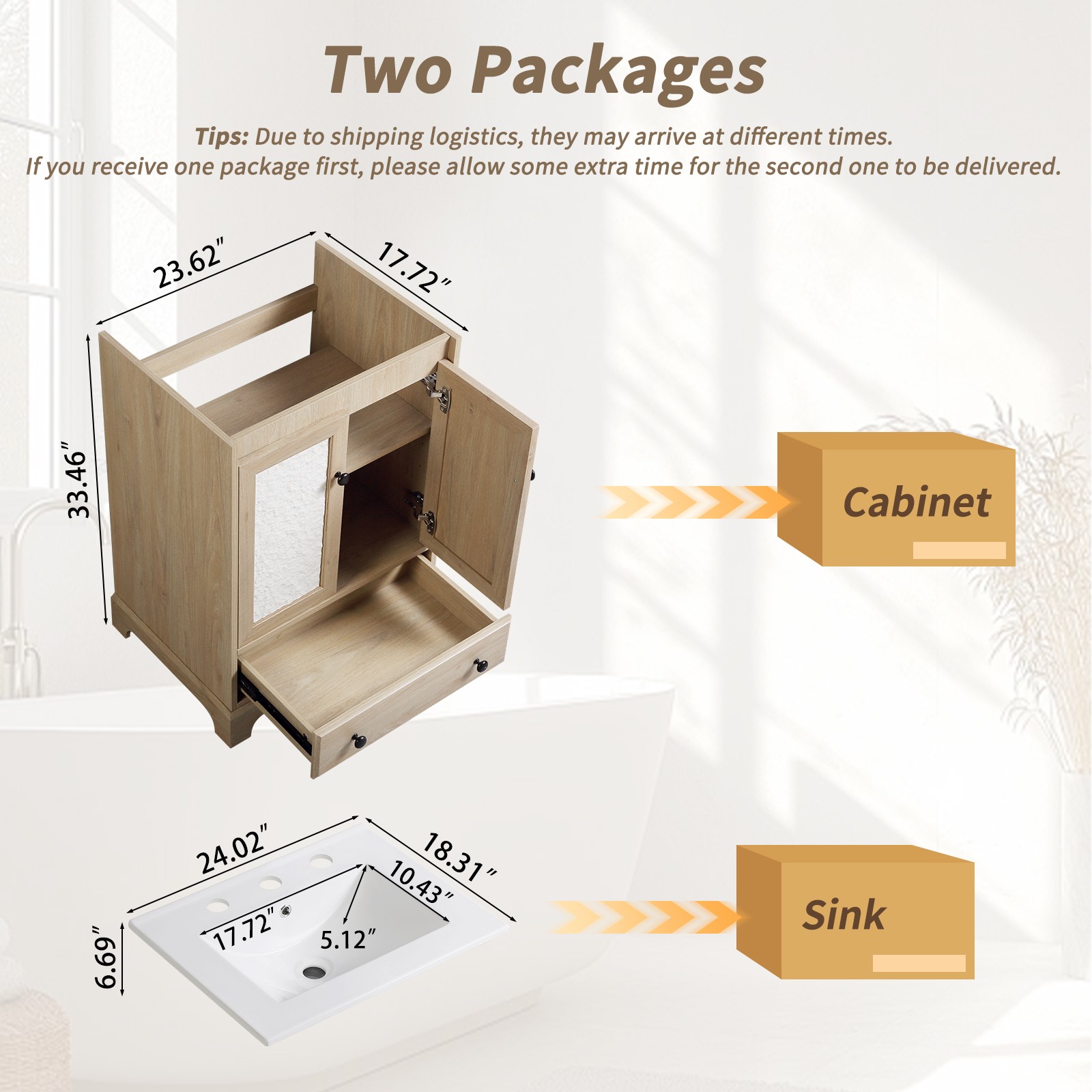Brown Modern Bath Vanity w/ Porcelain Sink, Soft Close Drawer, Free Standing