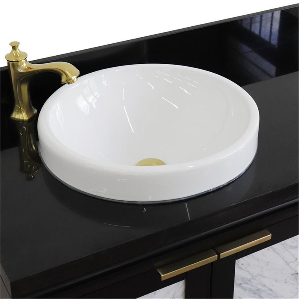 Pemberly Row 43″ Solid Wood Vanity with Left Round Sink in Blue/Black Galaxy