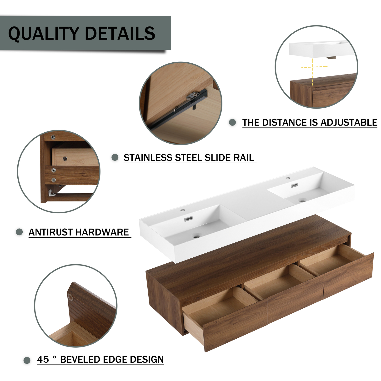 60 in Wooden Floating Wall-Mounted Bathroom Vanity W/Double Resin Sink Drawers