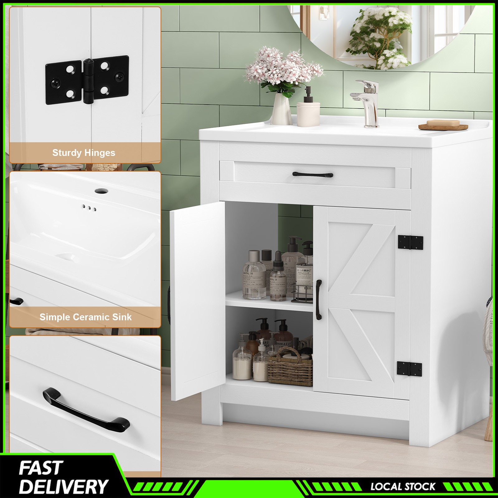 31″ Bathroom Vanity Cabinet with Ceramic Sink Freestanding Storage with Drawer
