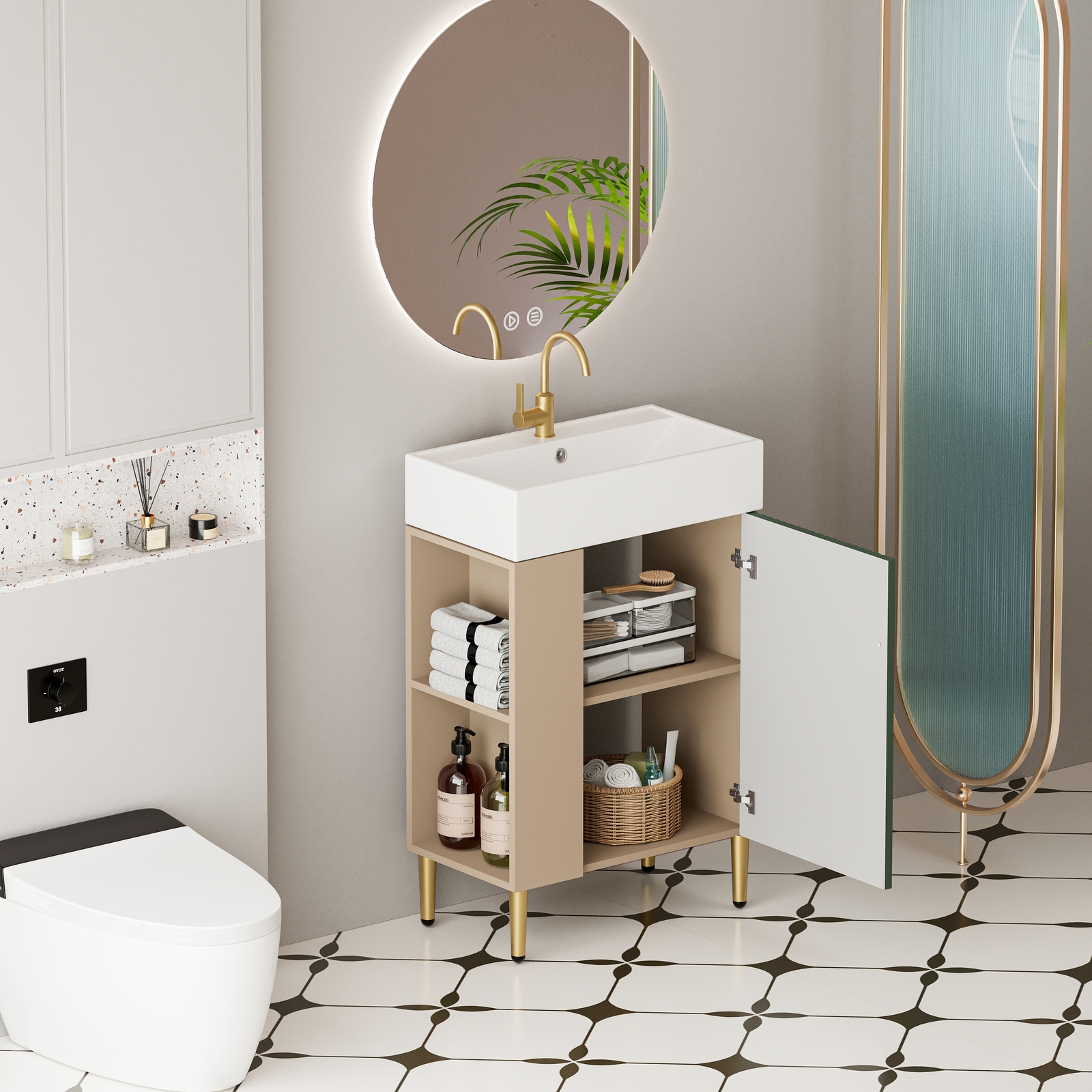 21.6″Modern Bathroom Vanity with Ceramic Sink Storage Cabinet W/ Door Open Shelf