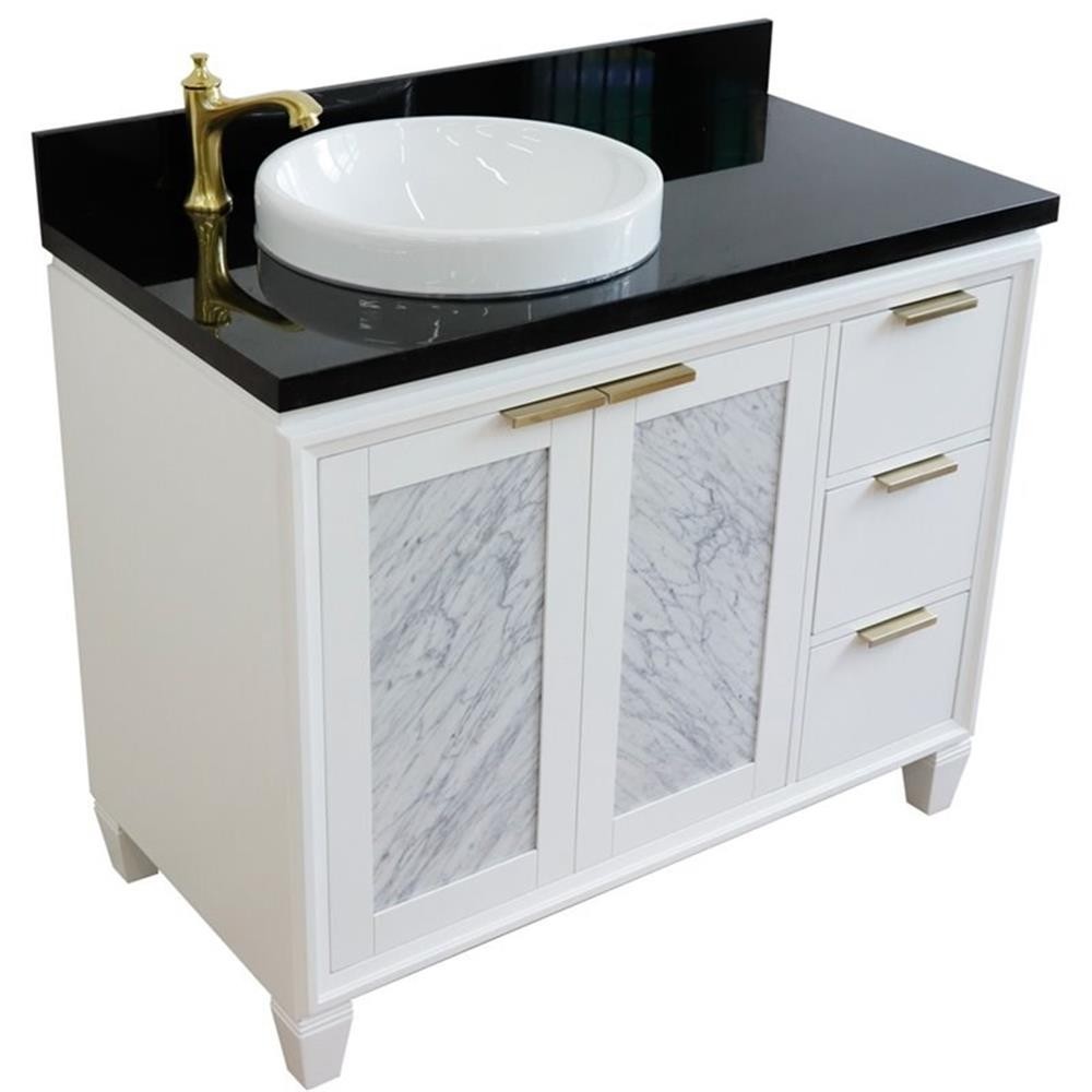 Pemberly Row Solid Wood Vanity with Left Round Sink in White/Black Galaxy