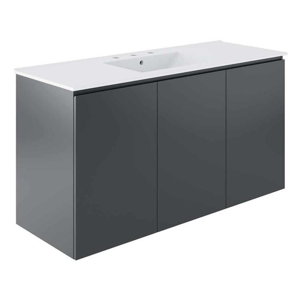 Modway Bryn 48″ Modern Wood/Ceramic Wall-Mount Bathroom Vanity in Gray/White