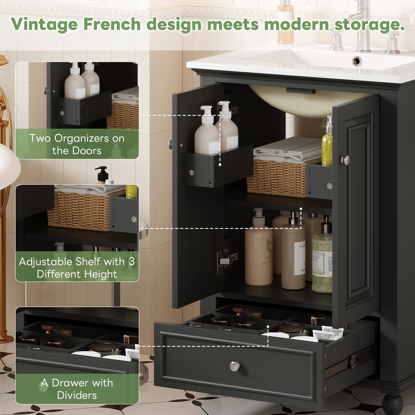 FUNIDEE 24″ Bathroom Vanity Storage Cabinet with Ceramic Sink & Drawer Black