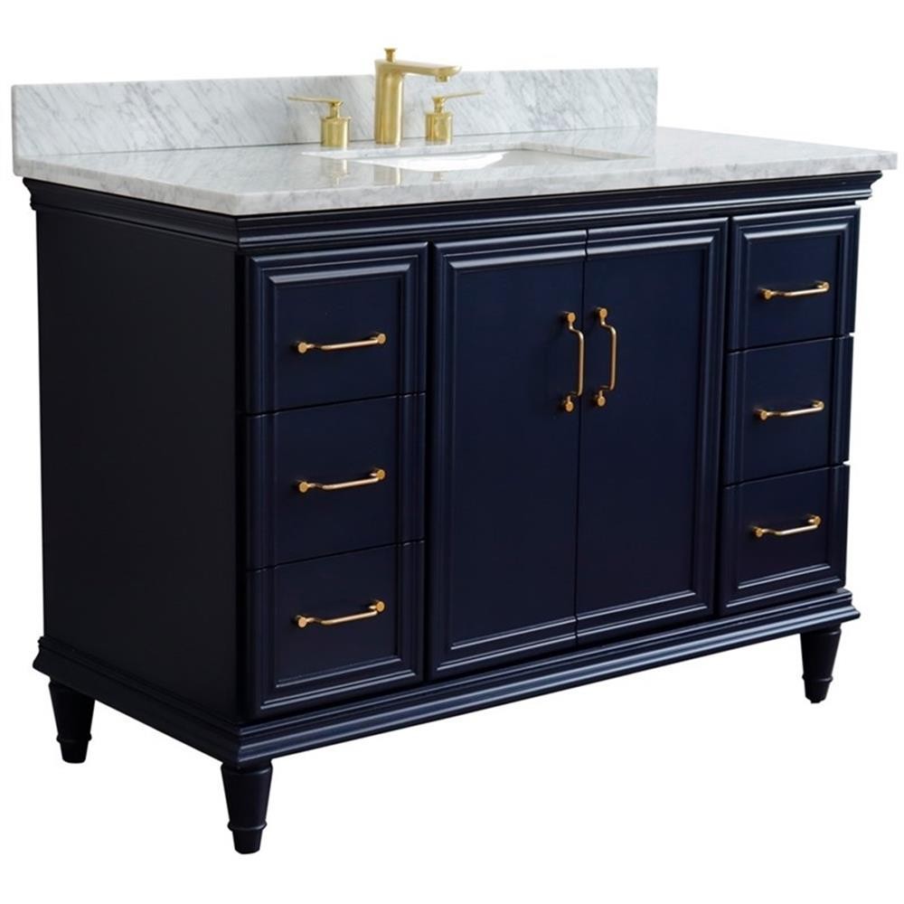 49 in. Single Wooden Vanity Blue with White Carrara Marble Rectangle Sink
