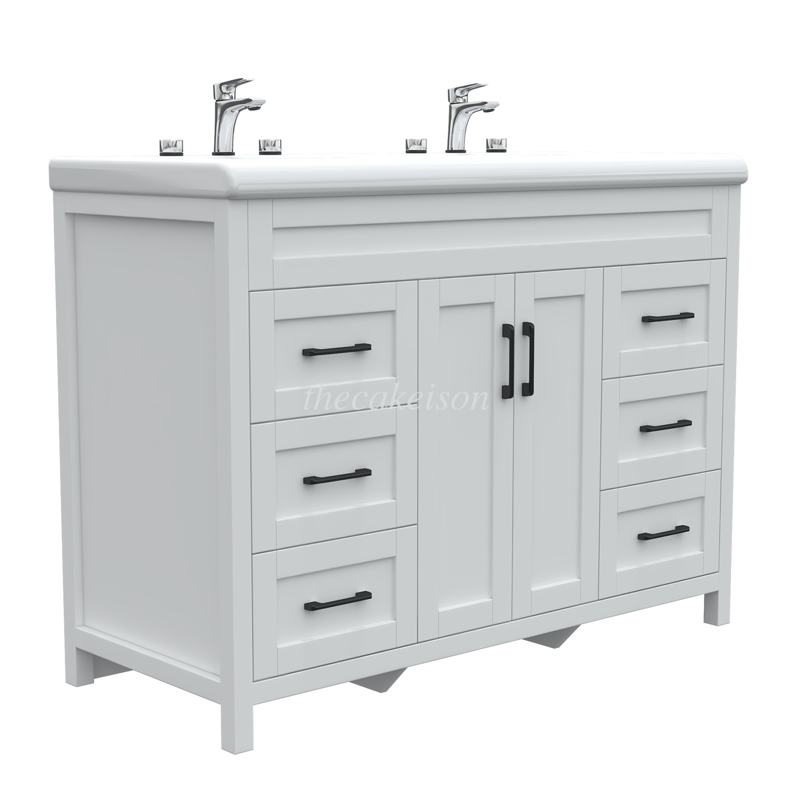 47.3″ Bathroom Vanity Cabinet White Freestanding Drawers + Double Sink Ceramic