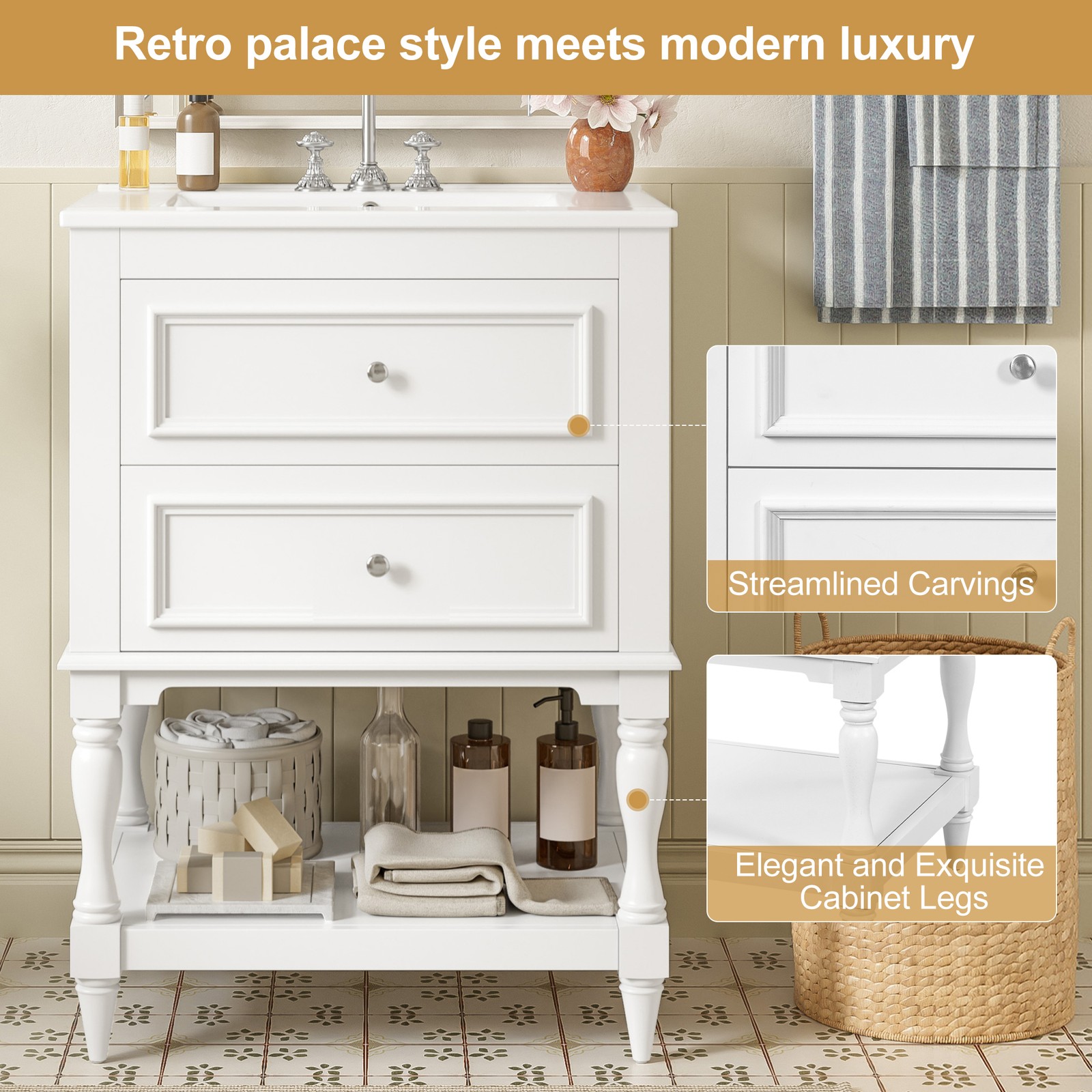 FUNIDEE 24″ Bathroom Vanity with Ceramic Sink Storage Cabinet with 2 Drawers