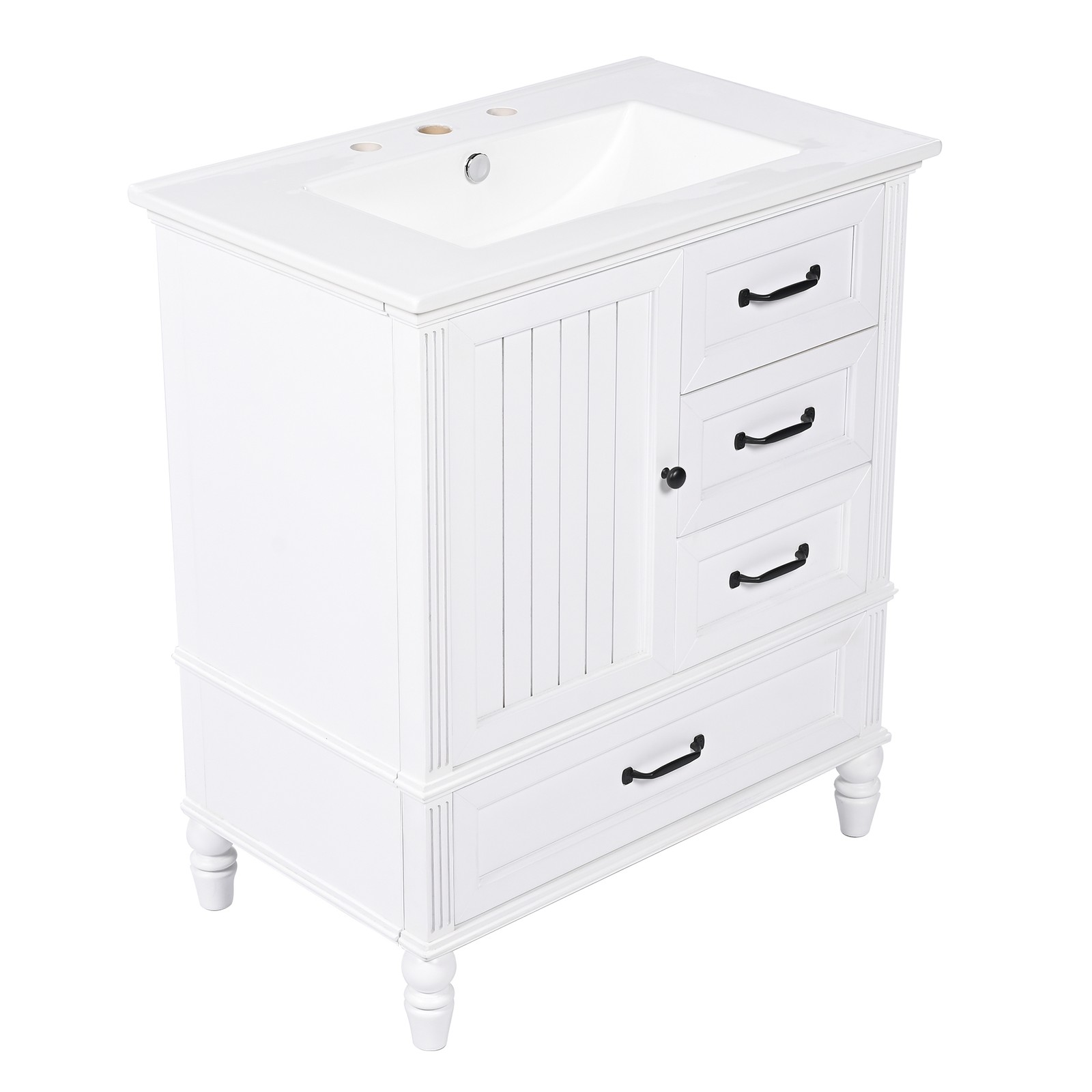 30″ Bathroom Vanity with Sink, Bathroom Cabinet with A Door, Three Drawers White