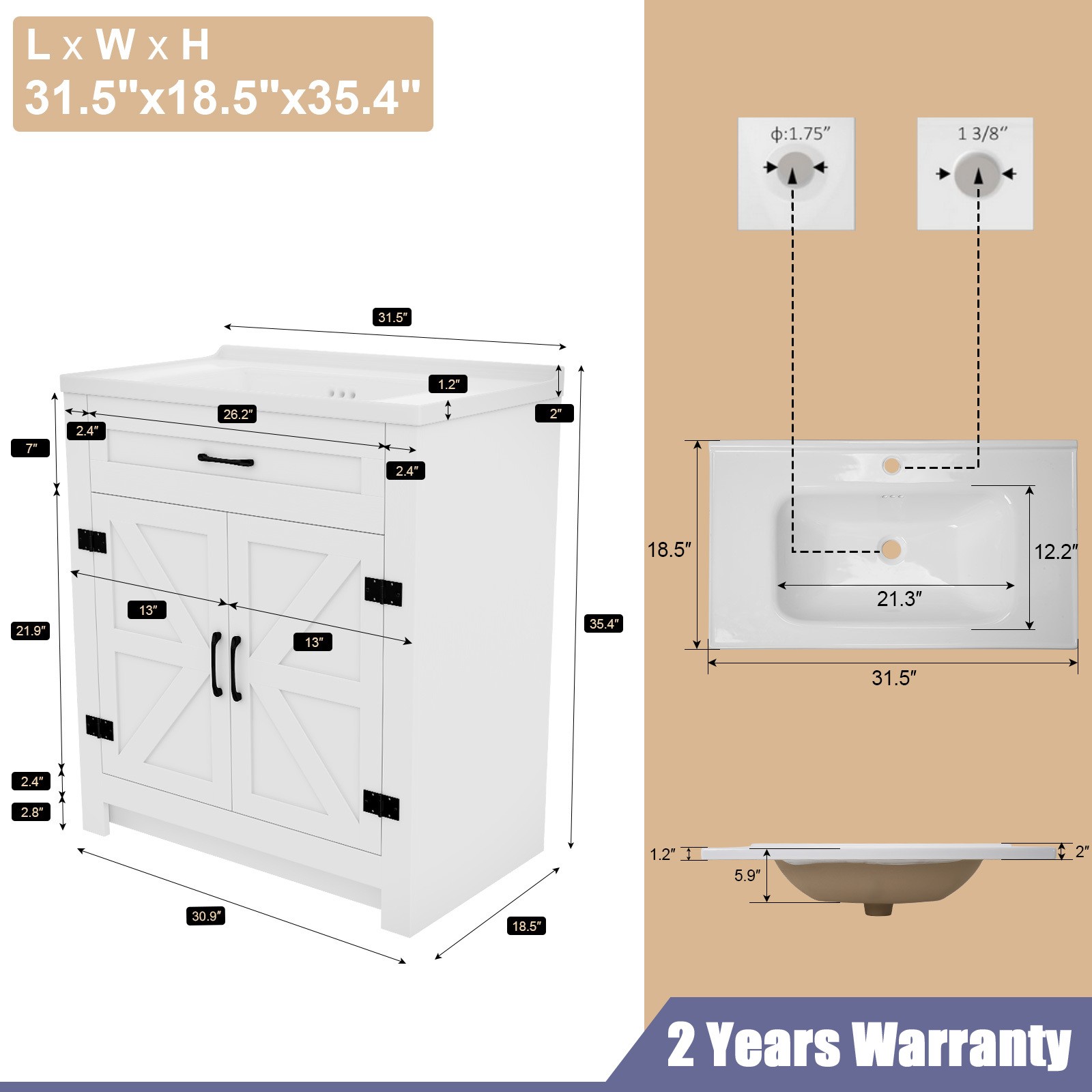 31 Inch Bathroom Vanity Cabinet Ceramic Sink Double Doors Storage Cabinet