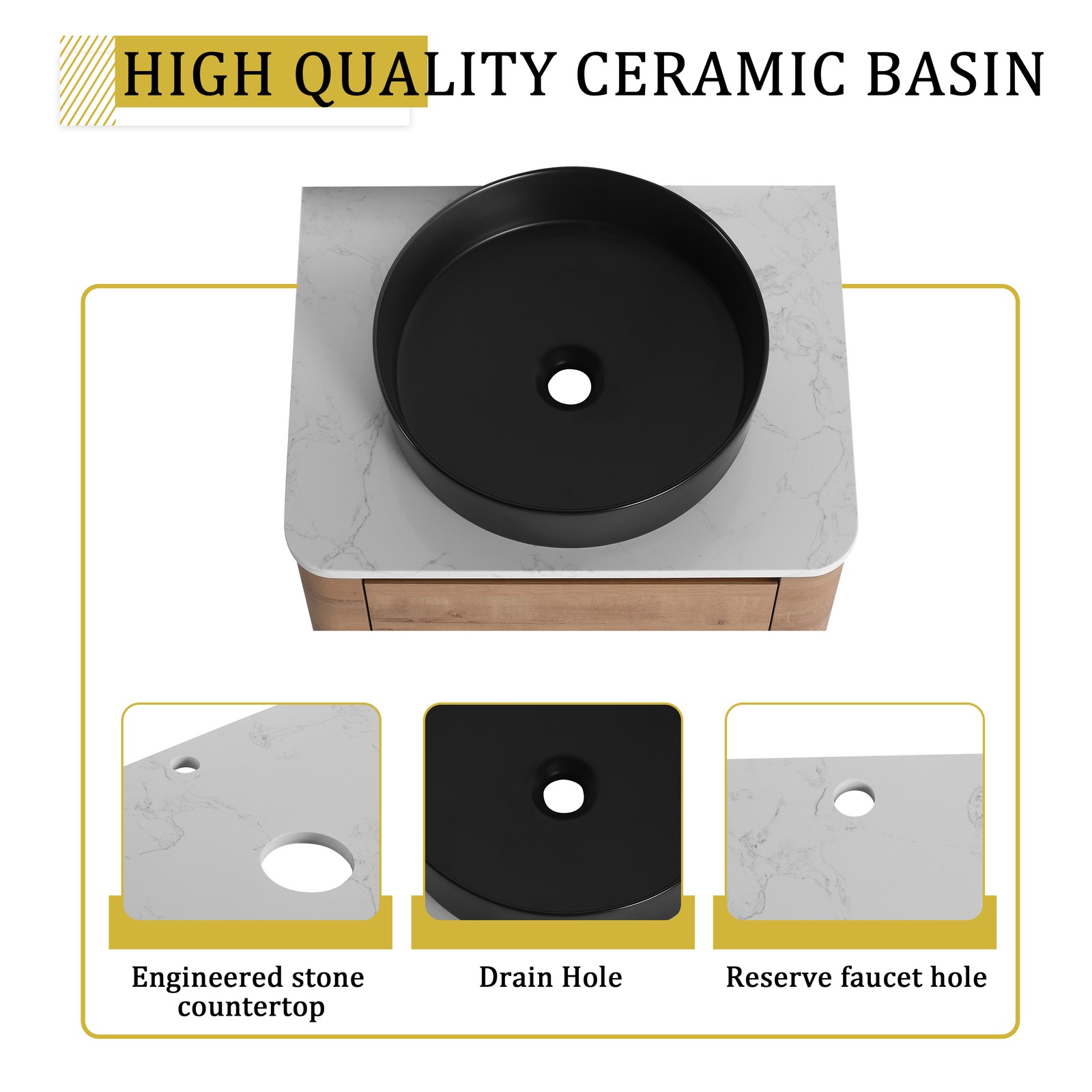 24 In Bathroom Vanity With White Flat Stone Slab Top Black Ceramic Vessel Sink